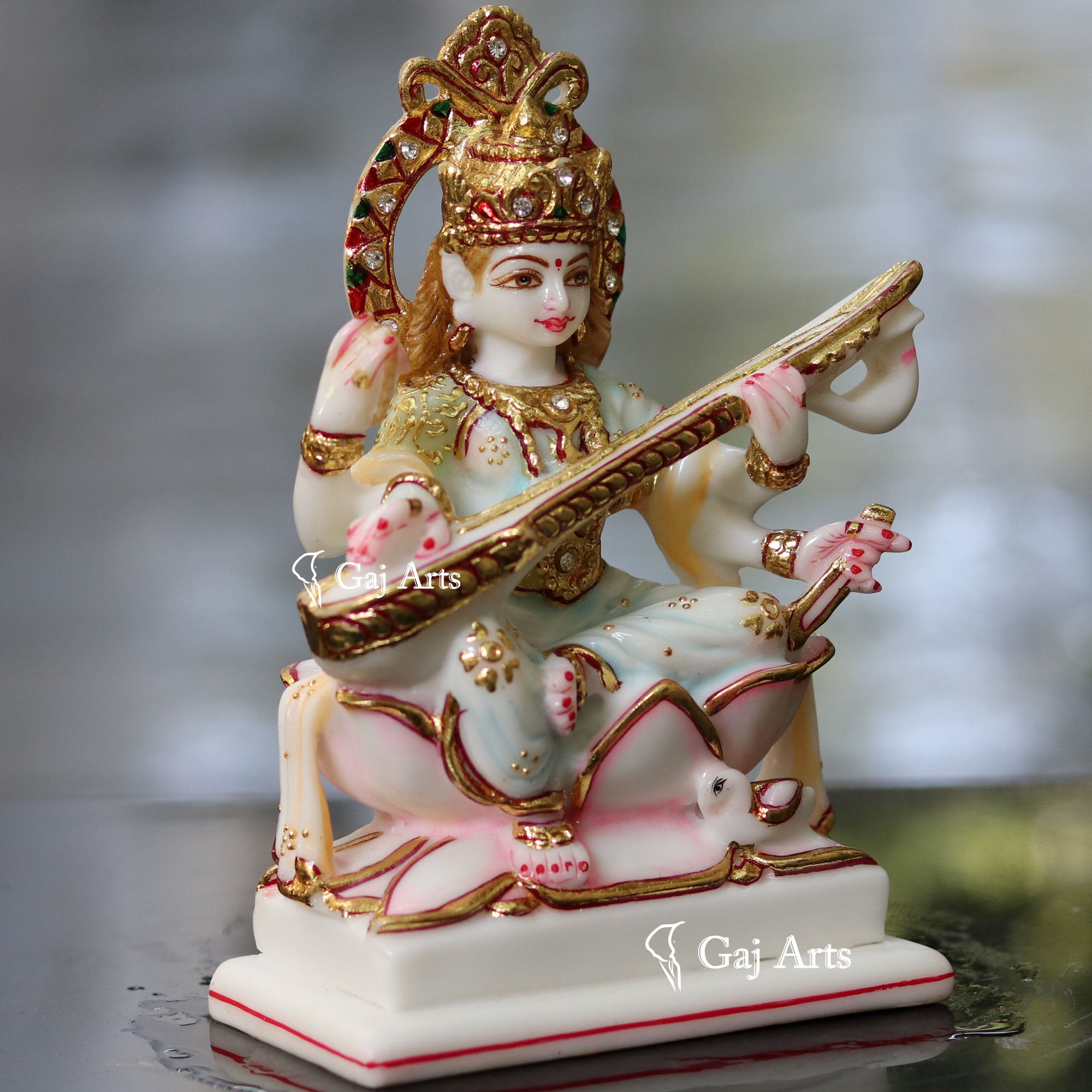 White Marble Saraswati Maa Idol | 8 Inch