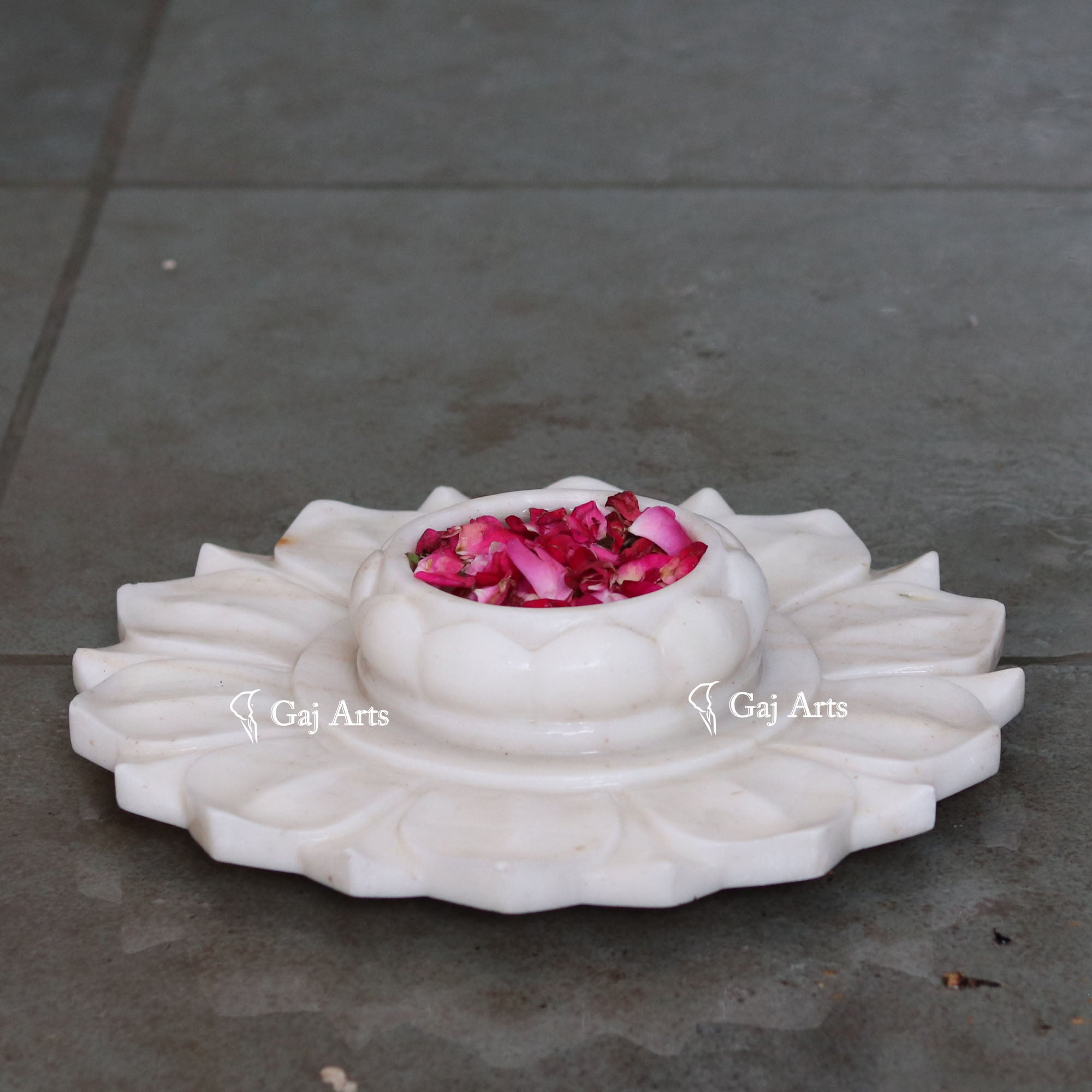 Rajasthan White Marble Carved Flower Uruli | 15 Inch