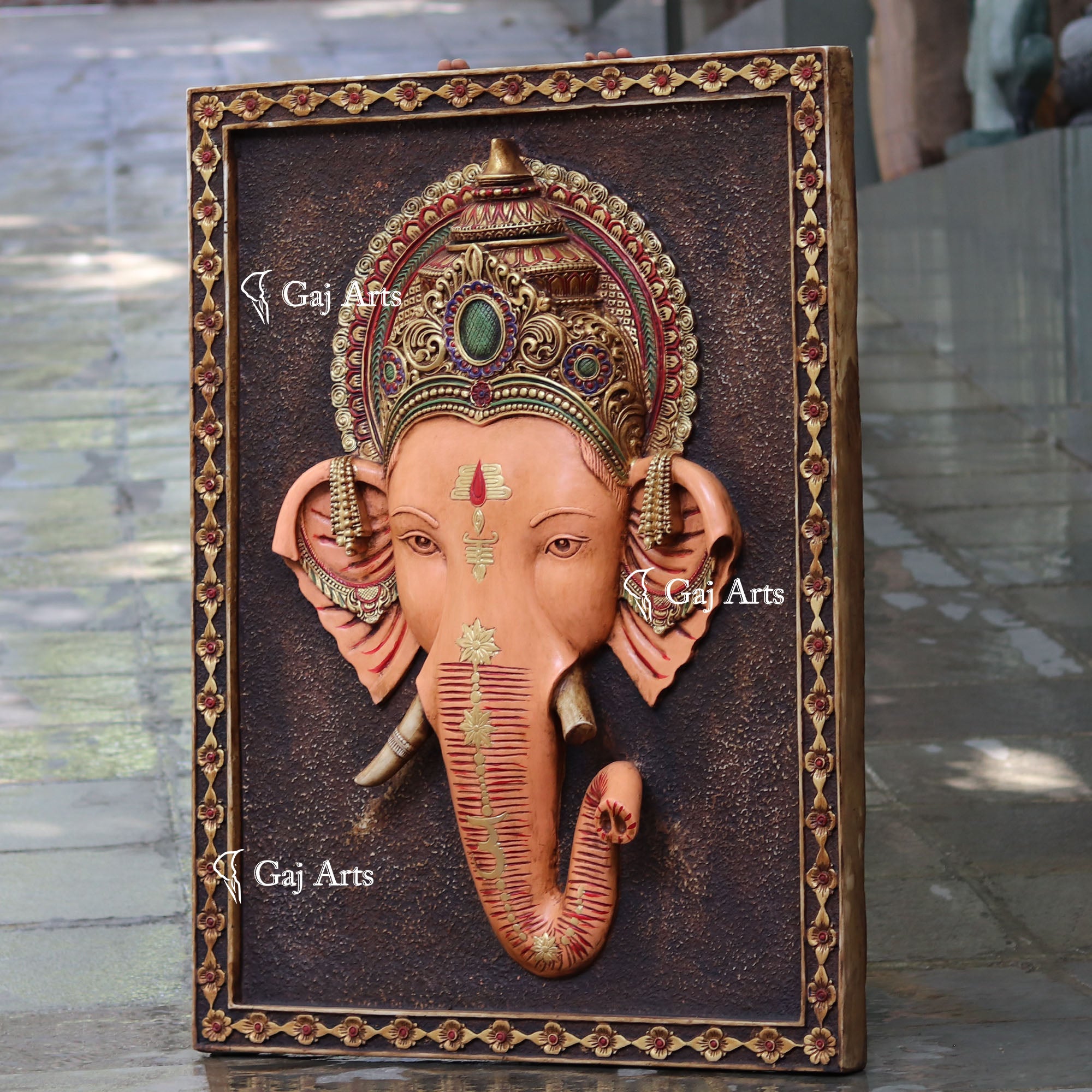 White Antique Finish  Ganpati Face Wall Panel | 48 Inch