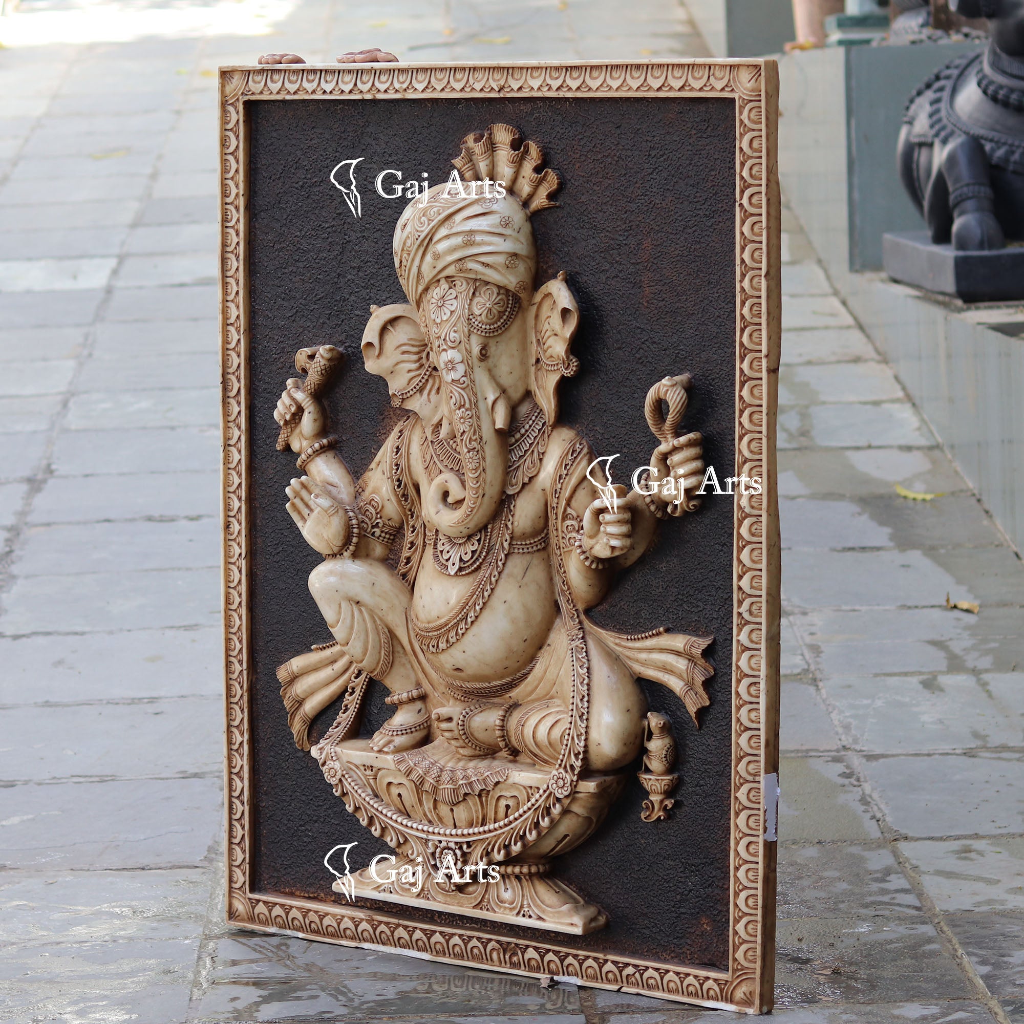 White Antique Finish Marble Ganpati Wall Panel | 54 Inch