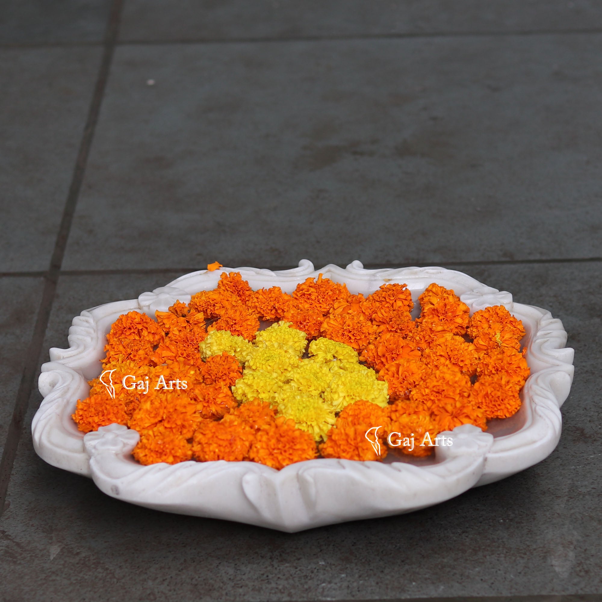 Rajasthan White Marble Floral Uruli Bowl | 15 Inch