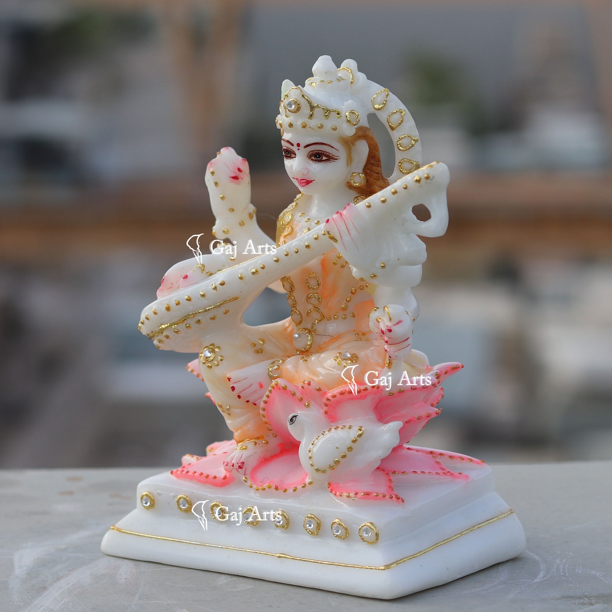 White Ethiopia Marble Saraswati Maa Idol | 6 Inch