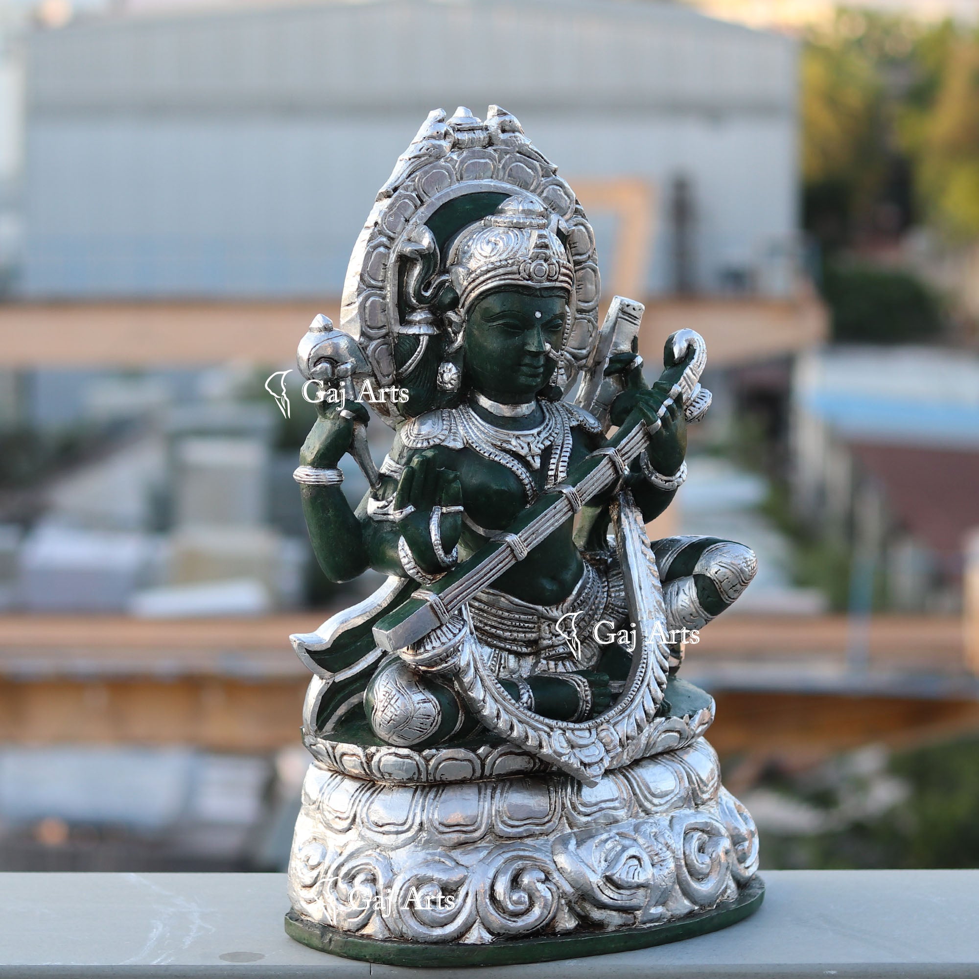 Green Marble Saraswati Mata Statue | 21 Inch