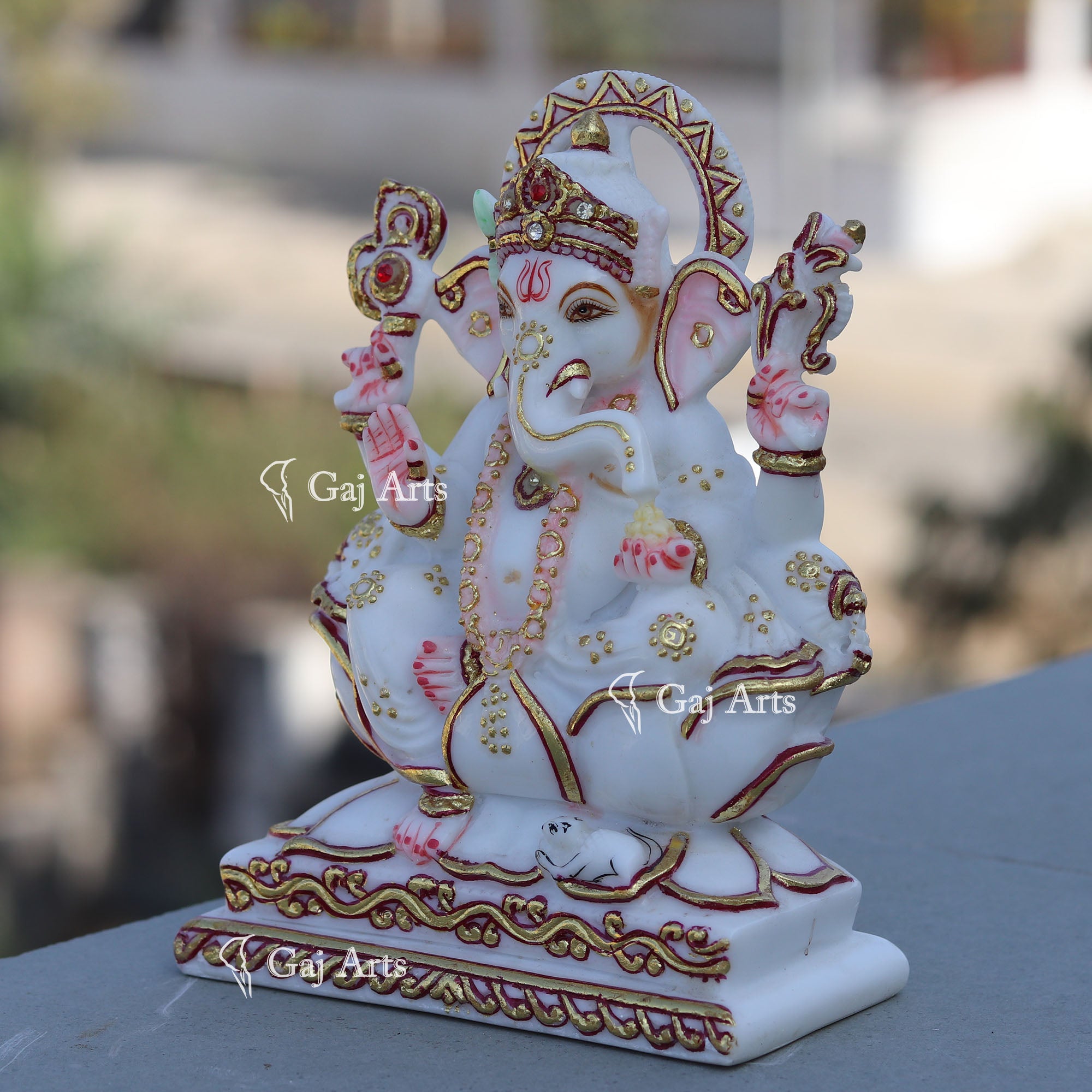 Marble Ganesh Idol with Gold Detailing | 7 Inch