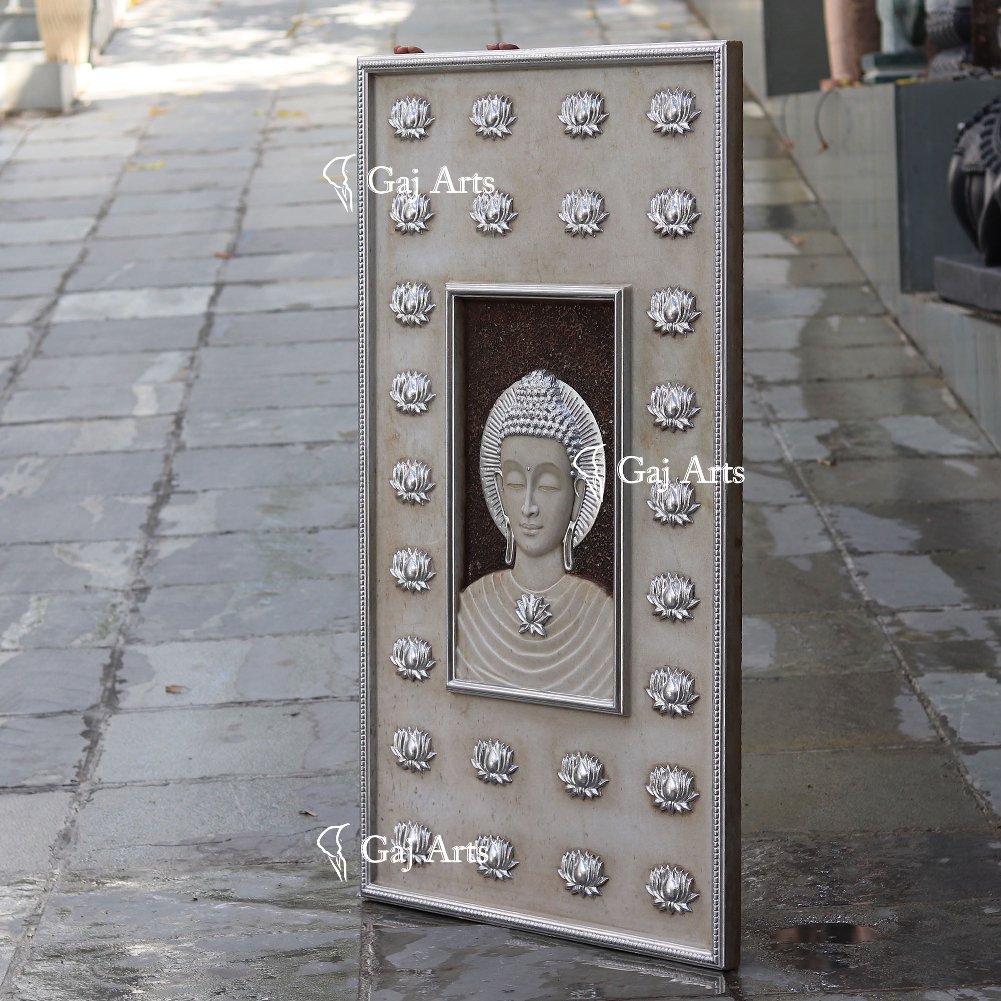 White Antique Finish Marble Buddha Wall Panel | 54 Inch