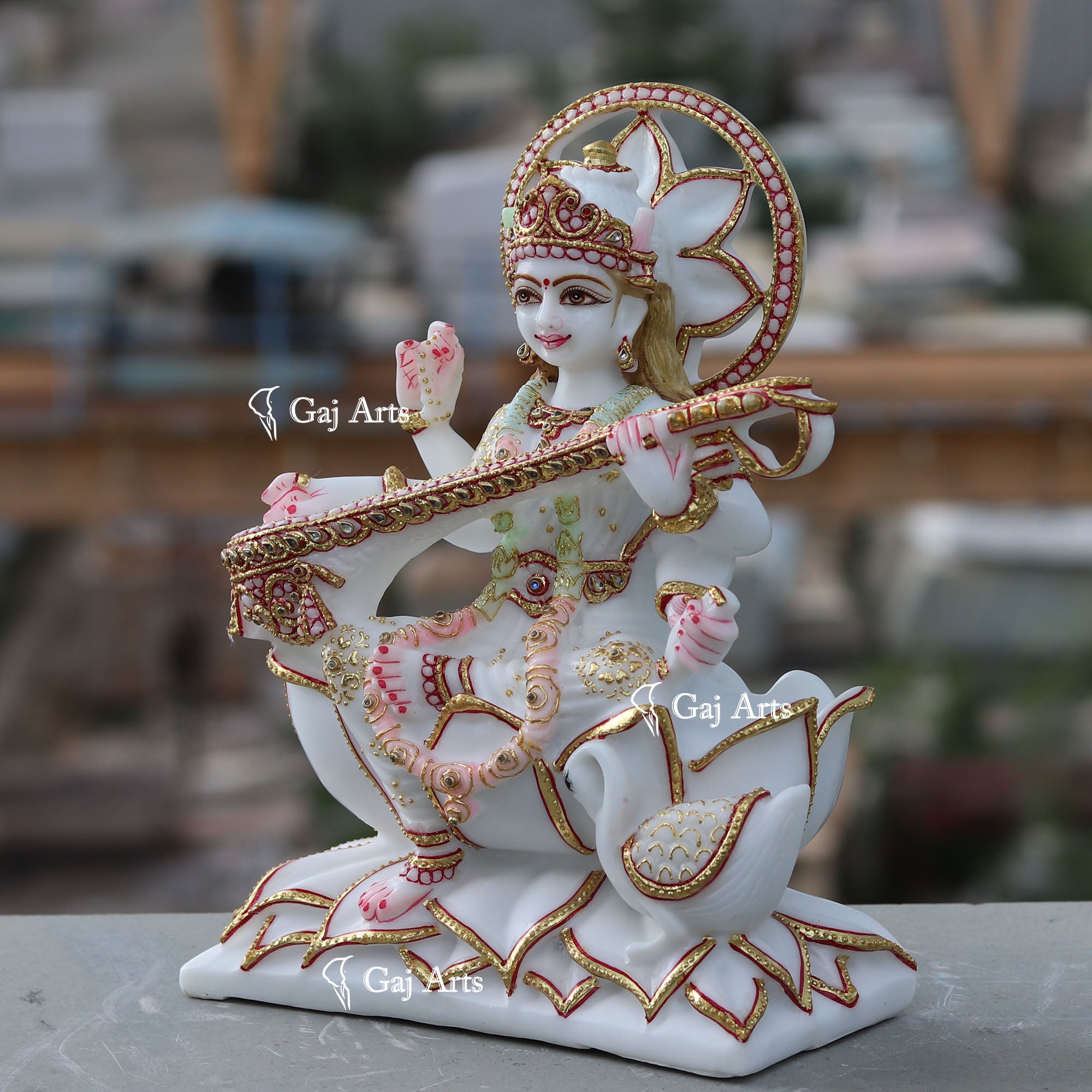 White Ethiopia Marble Saraswati Mata Statue | 12 Inch