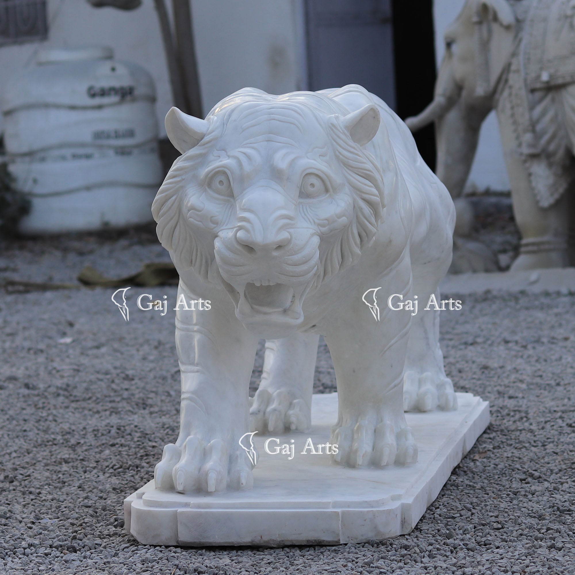 White Marble Tiger Sculpture | 68 Inch