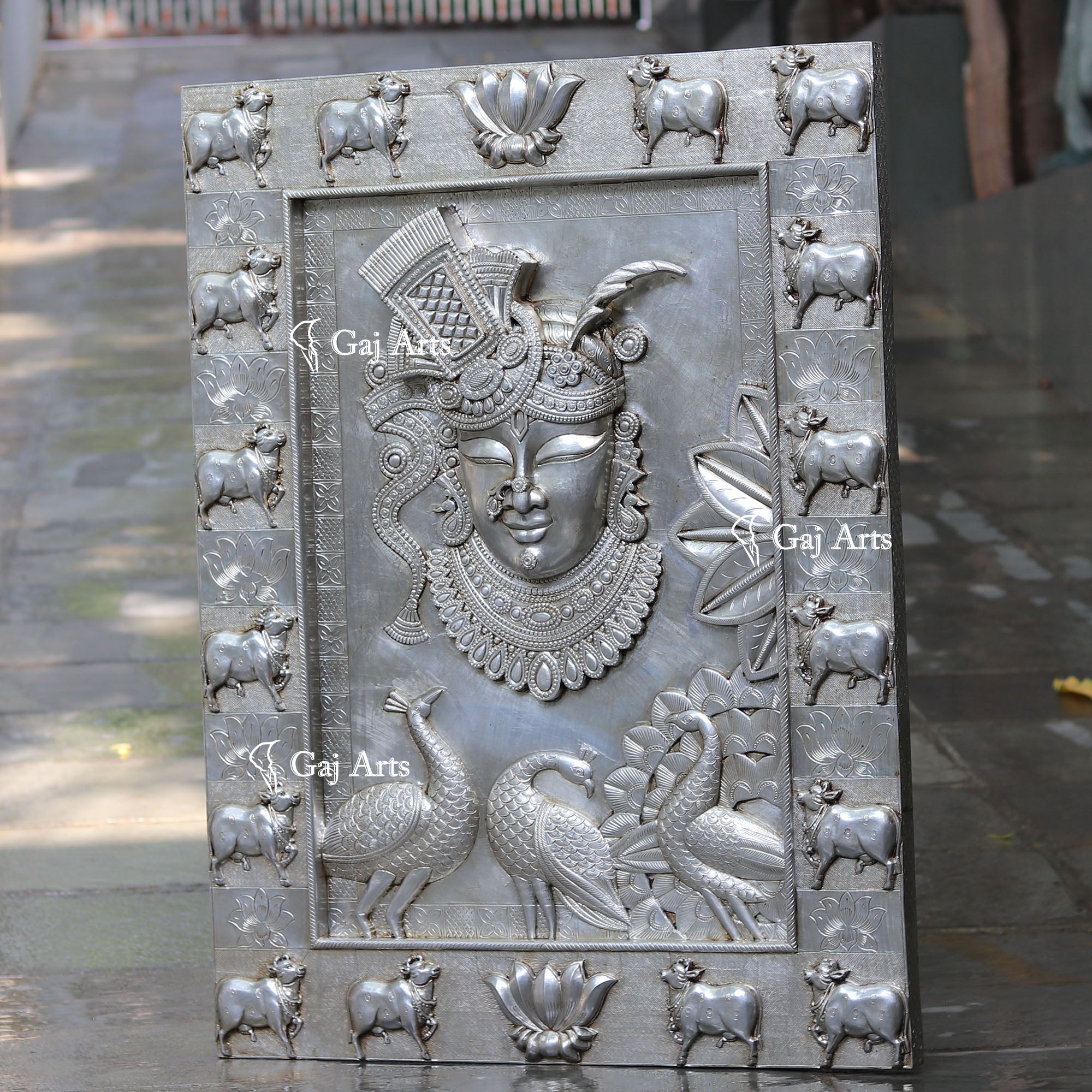 Wooden Shreenath Ji Wall Panel  Silver Art| 48 Inch