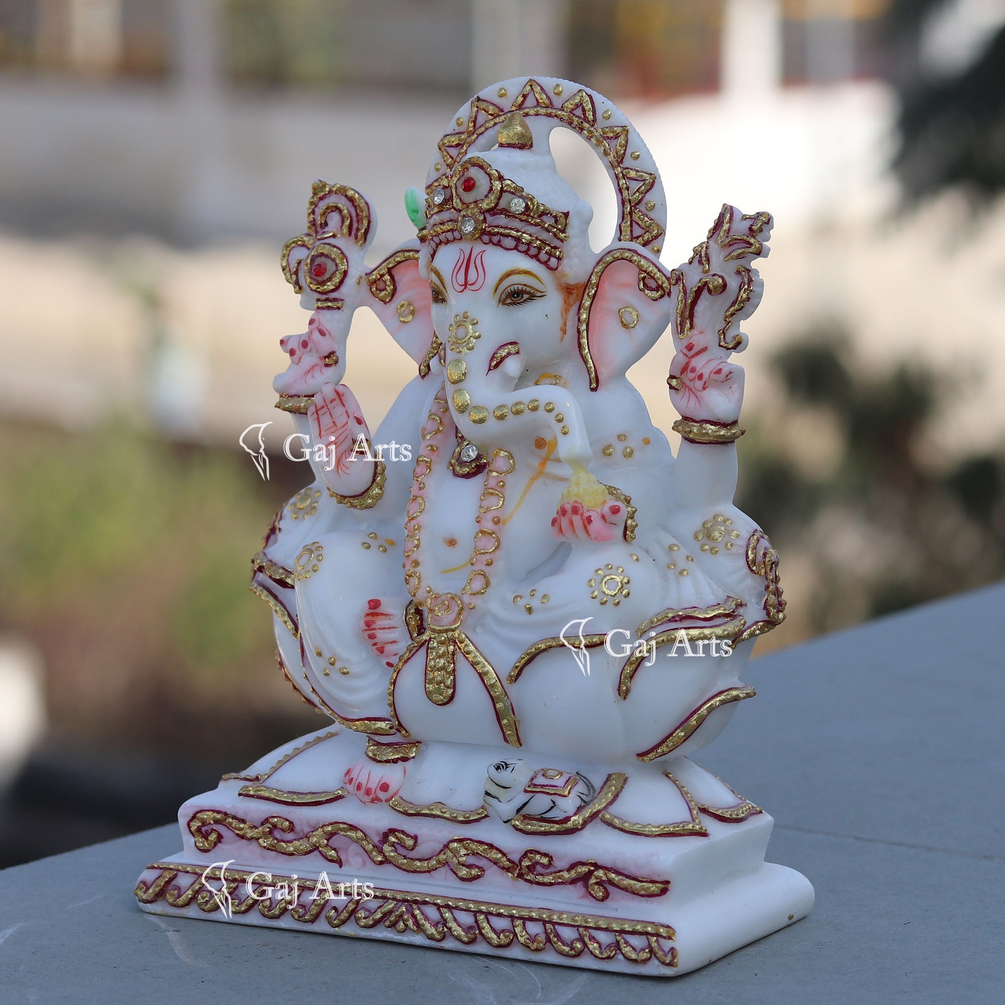 Hand Painted Marble Ganesh Idol with Detailing | 7 Inch