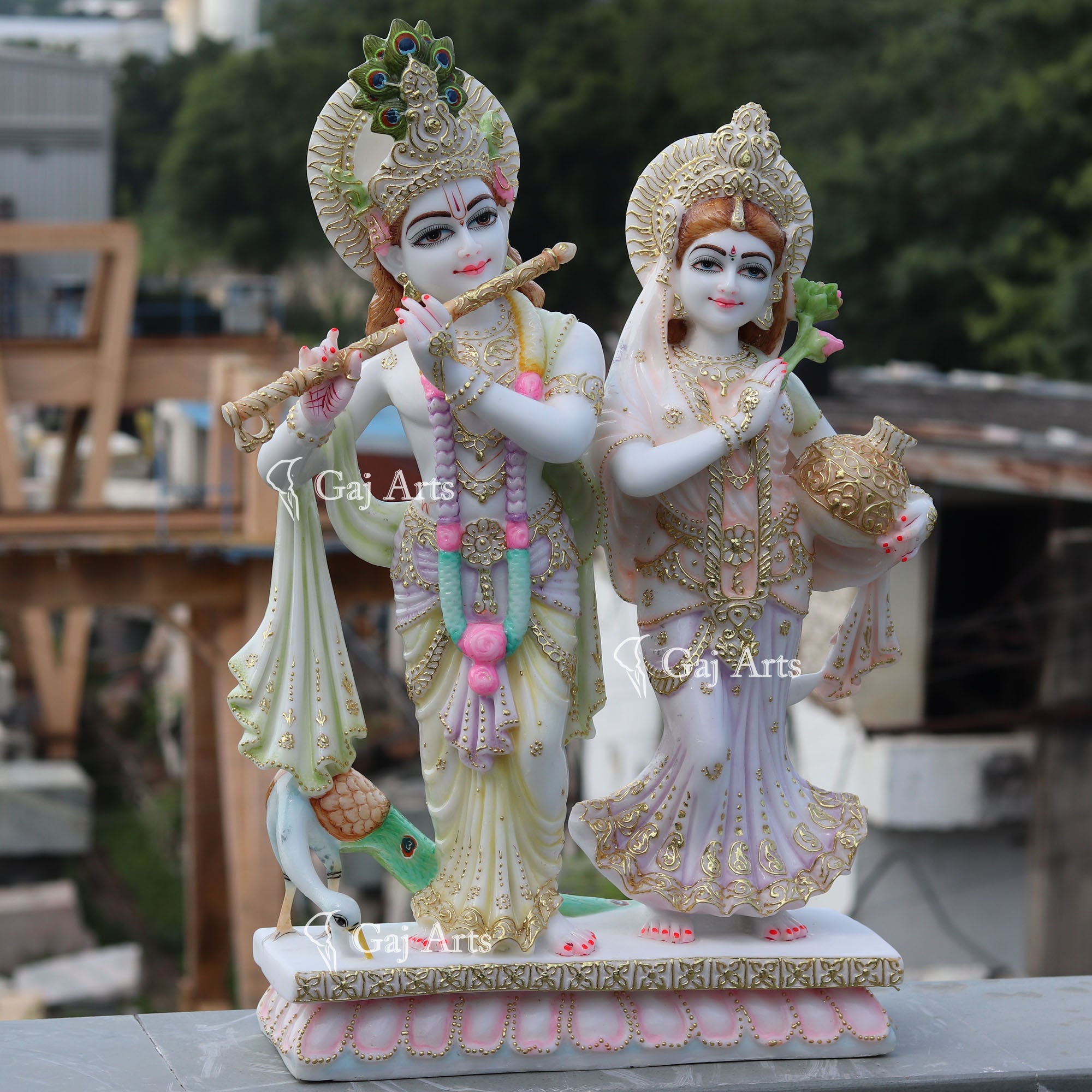 White Marble Ethiopia Radha Krishna Jodi Idol | 27 Inch