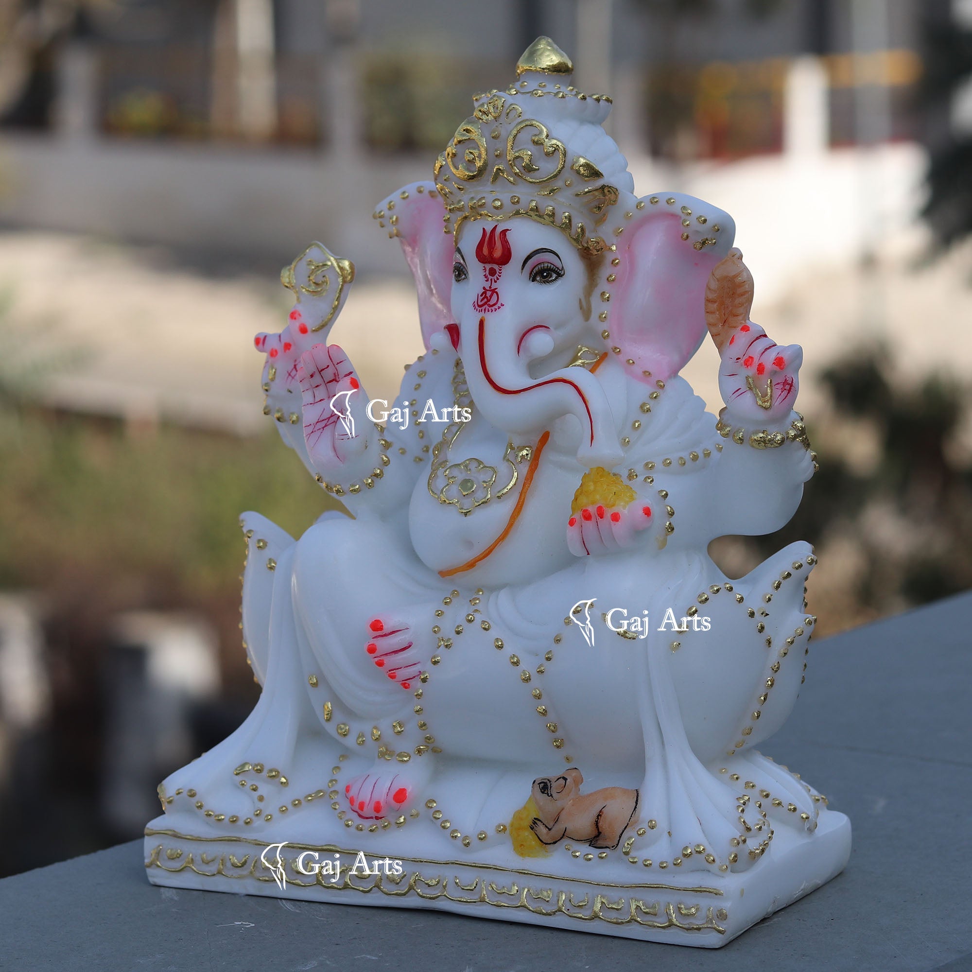 Marble Ganesh Idol on Lotus Base | 9 Inch