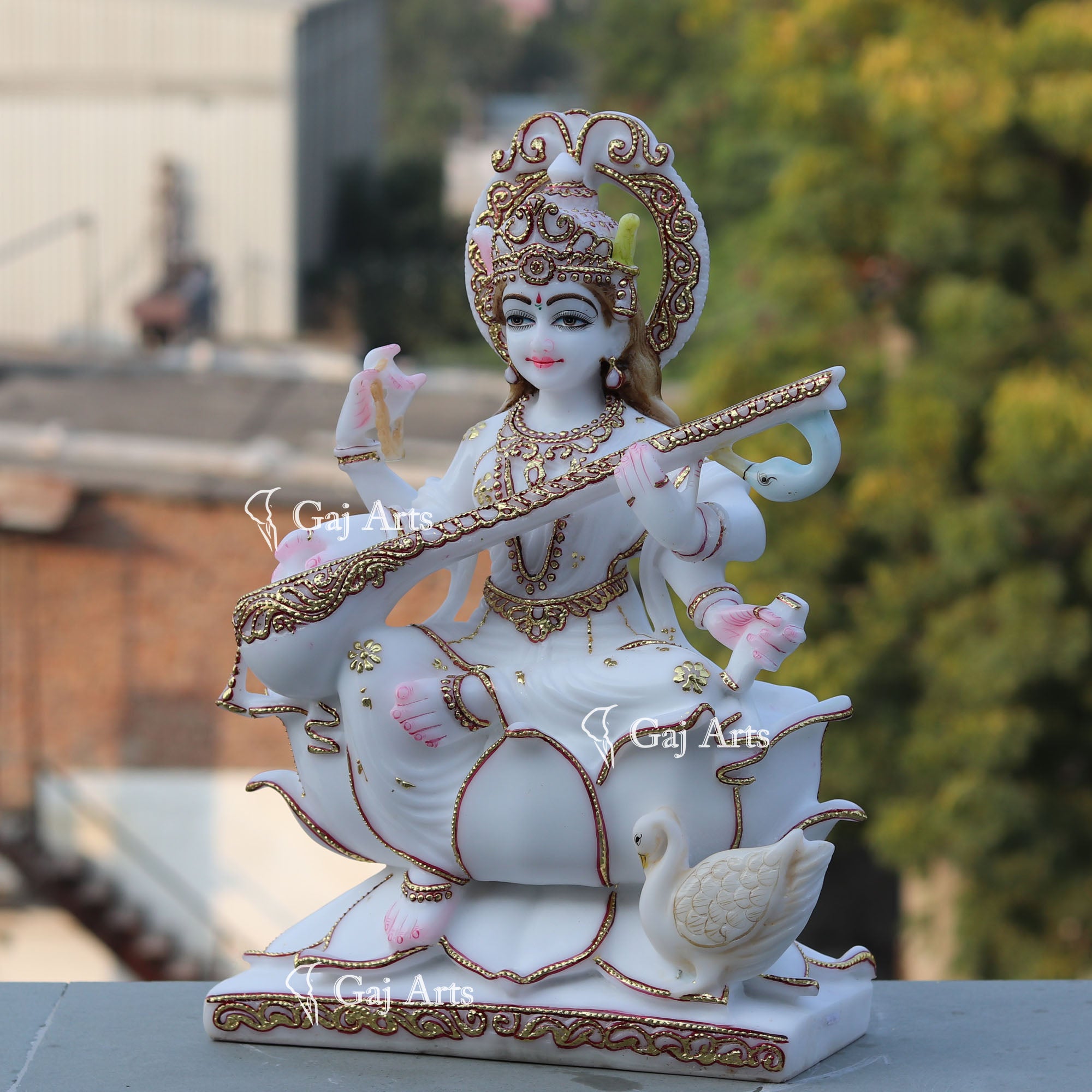 White Marble Saraswati Mata Murti | 18 Inch