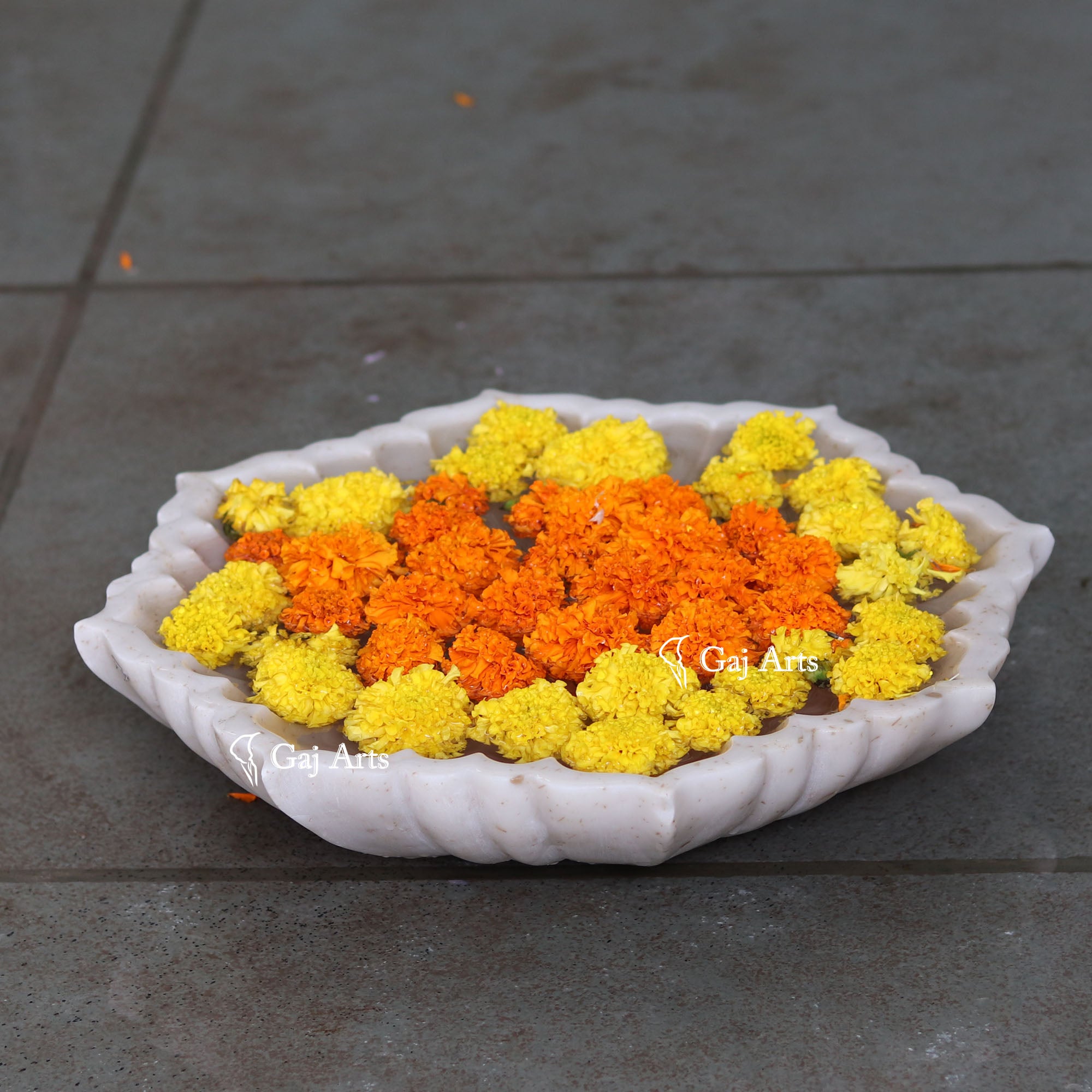 Rajasthan White Marble Floral Design Uruli | 15 Inch