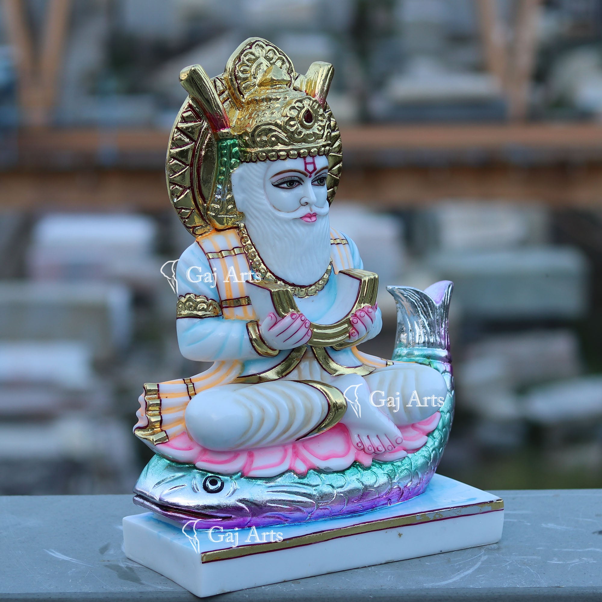 Marble Jhulelal Idol Seated on Palla Fish | 15 Inch