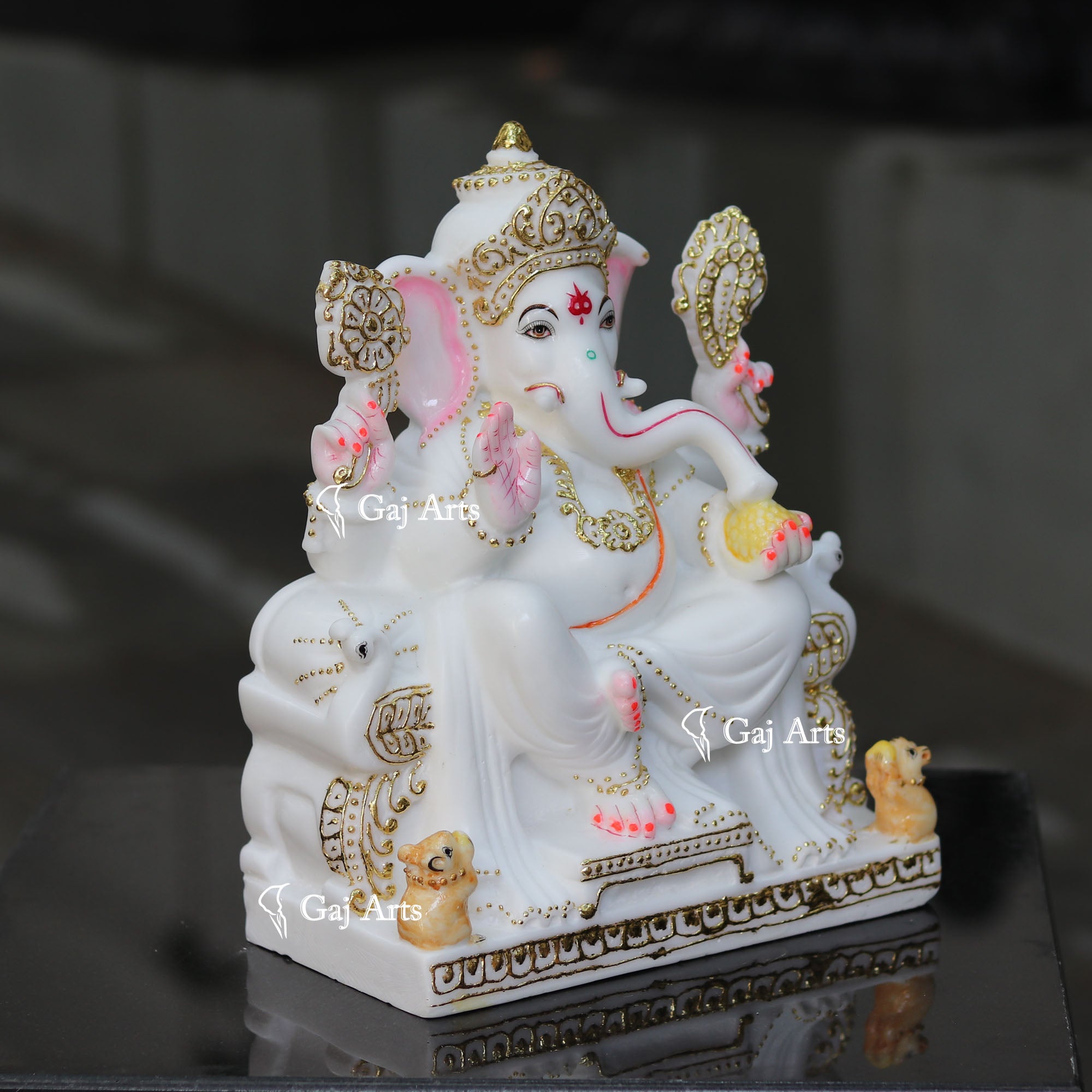 Marble Ganpati Statue on Singhasan Base | 12 Inch