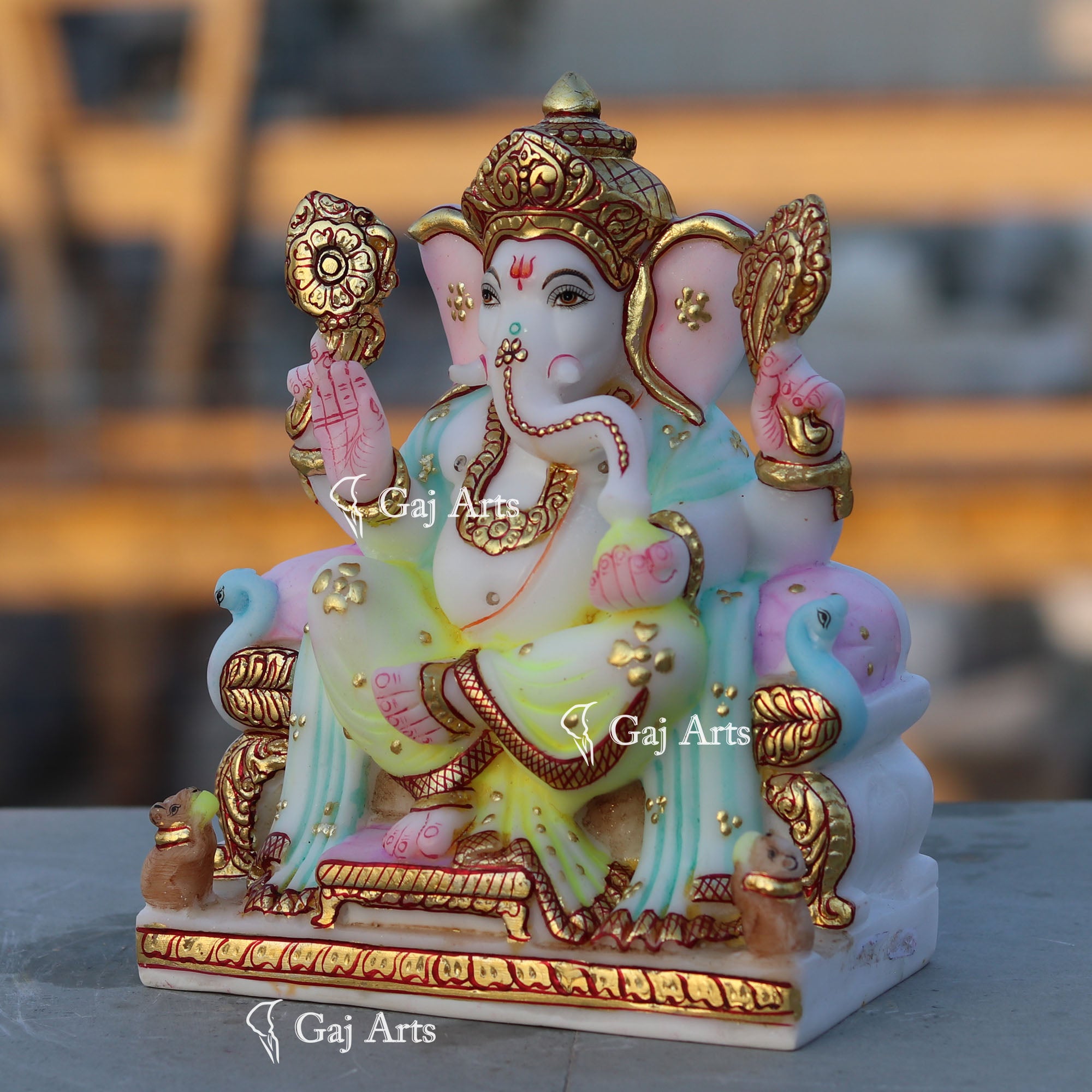 White Marble Ganesh Idol with Gold Work | 7 Inch