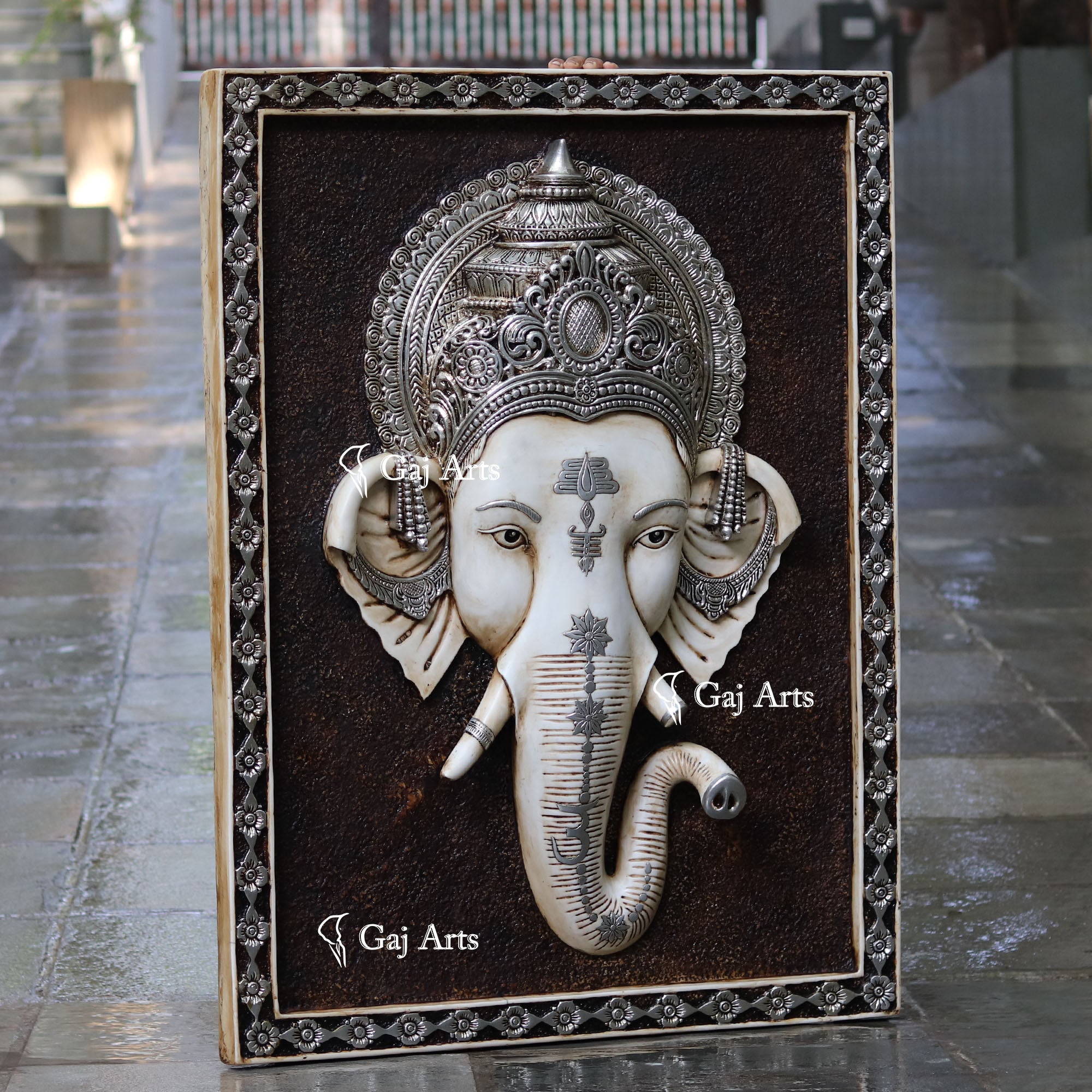 White Korean Marble Ganpati Wall Panel Silver Art | 48 Inch