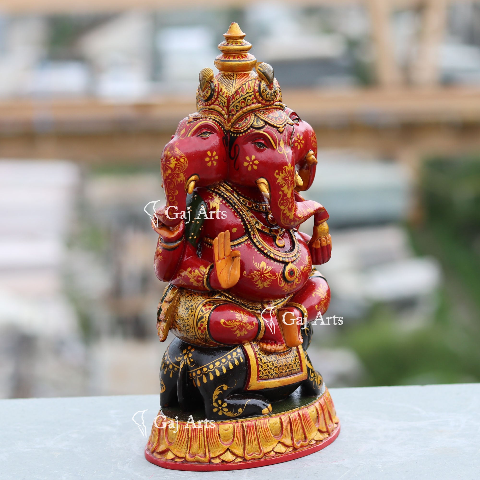 Handcrafted Wooden Trimukhi Ganesh Idol | 12 Inch