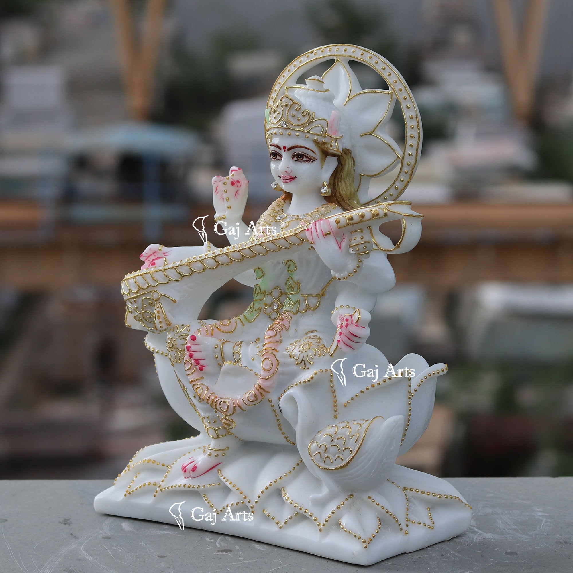 White Ethiopia Marble Saraswati Mata Statue | 12 Inch