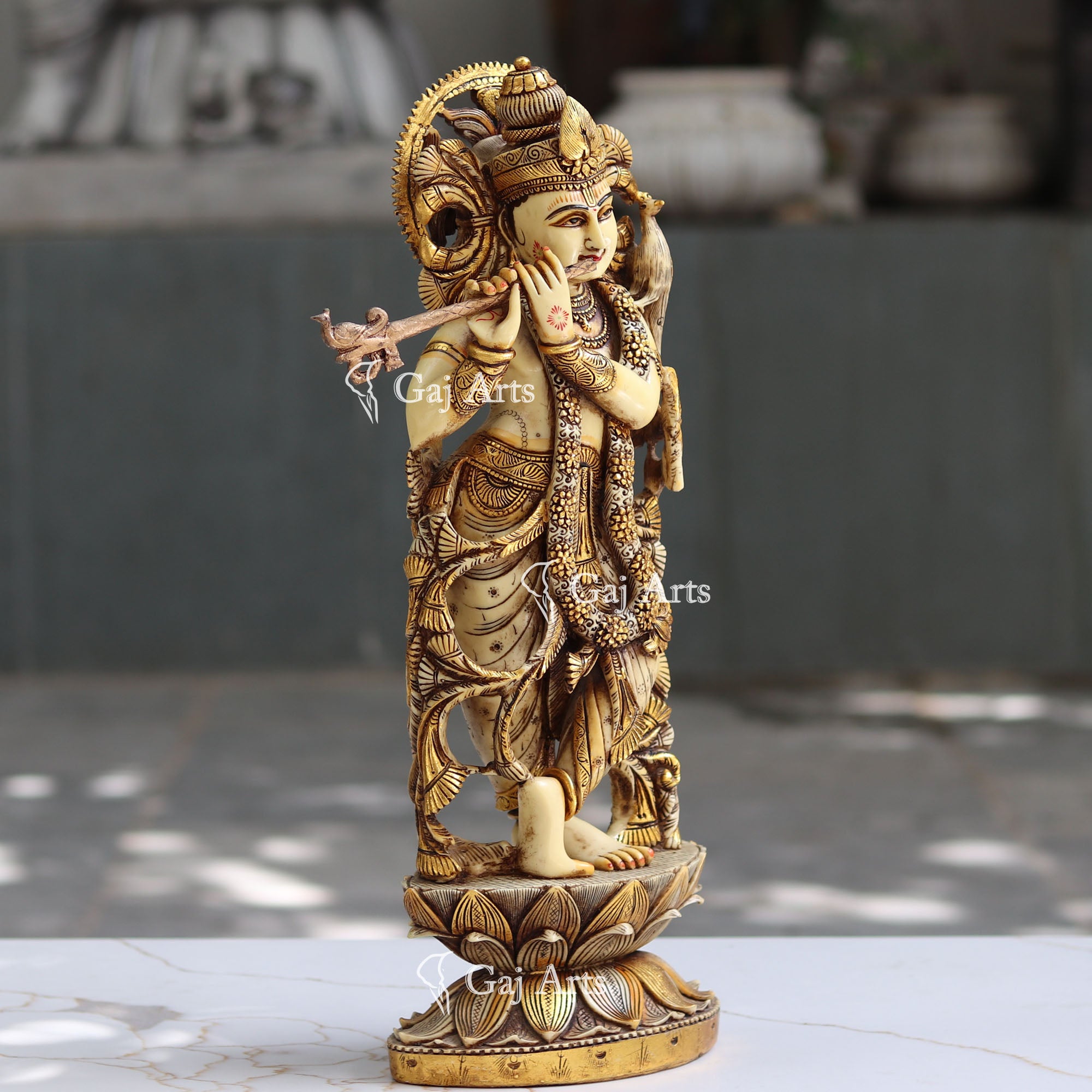 Marble Powder Antique Finish Krishna Statue | 21 Inch