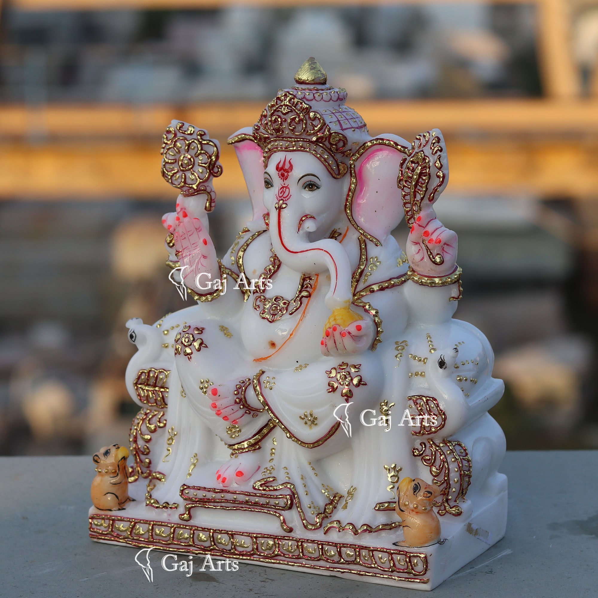 White Marble Ganpati Idol on Singhasan | 9 Inch