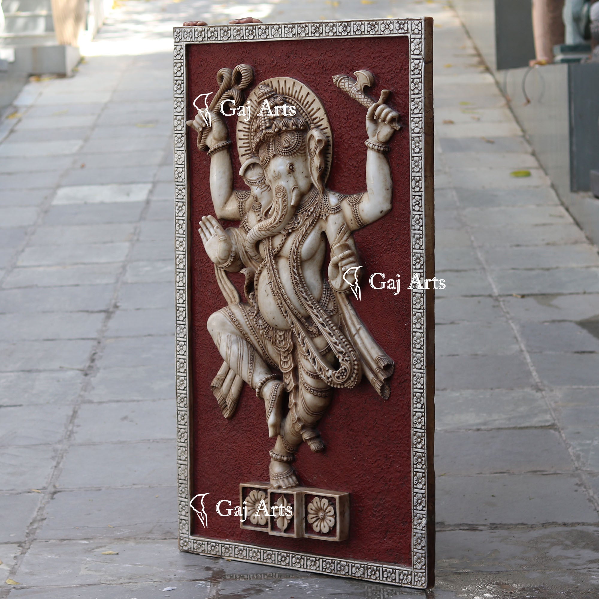 White Antique Finish Marble Dancing Ganpati Wall Panel | 60 Inch