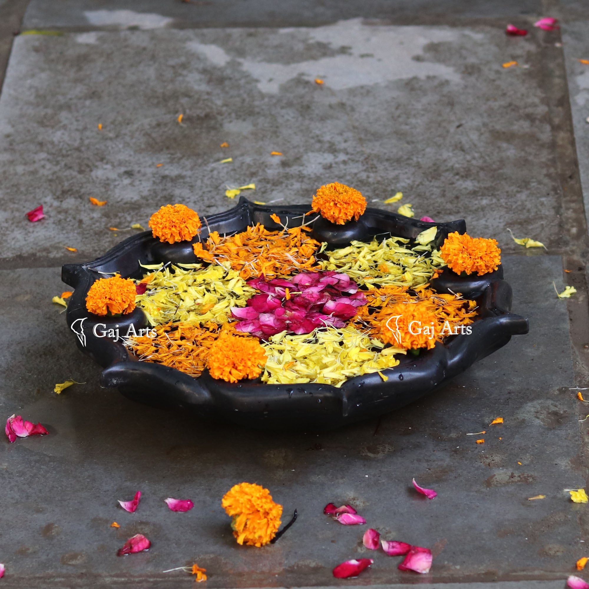 Black Marble Decorative Floral Bowl | 15 Inch