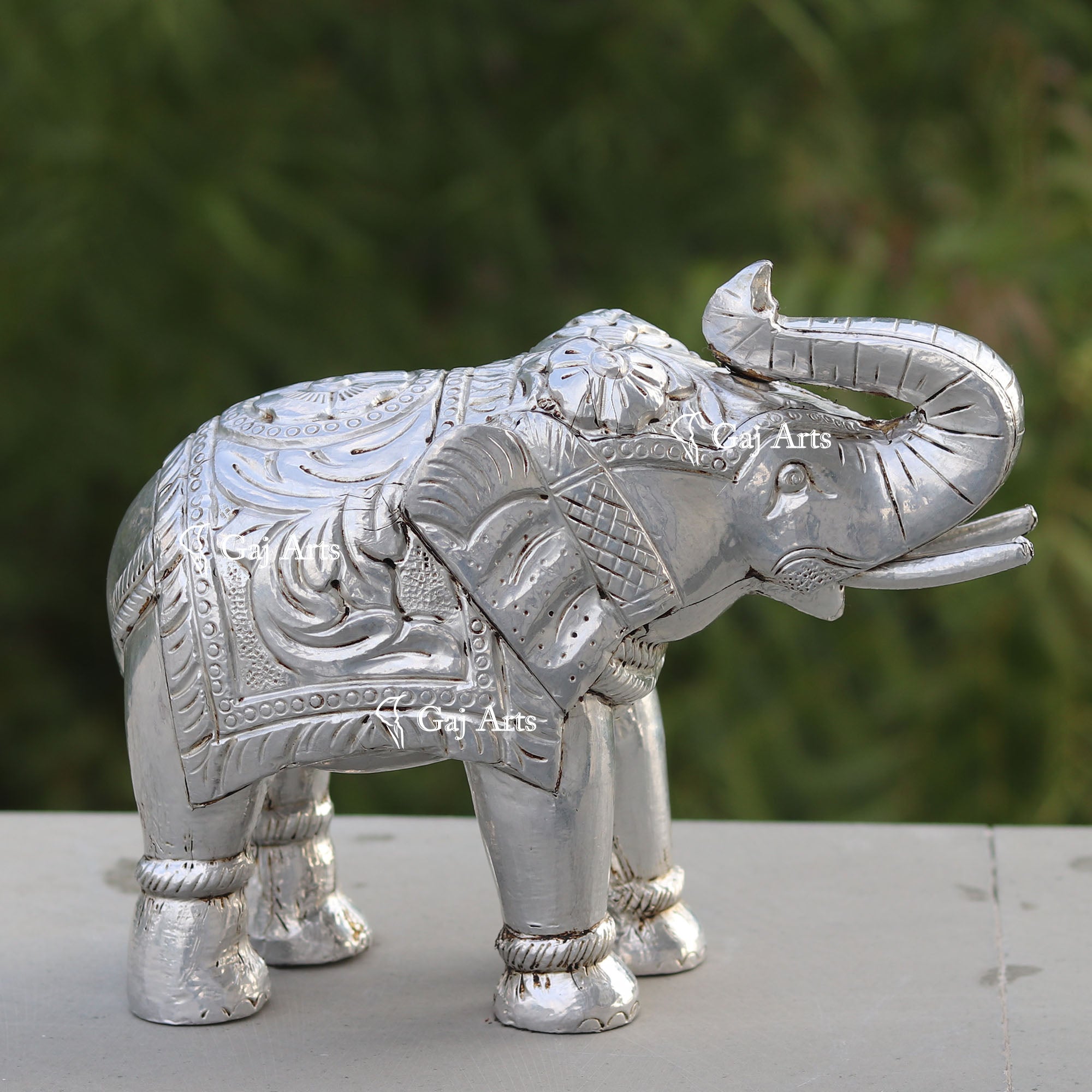 Wooden Elephant Statue with Silver Metal Work | 9 Inch