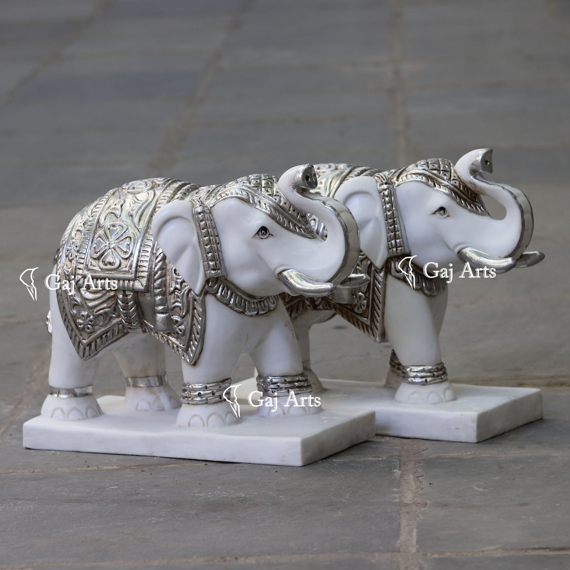 White Marble Korean Silver Elephant Statue | 18 Inch