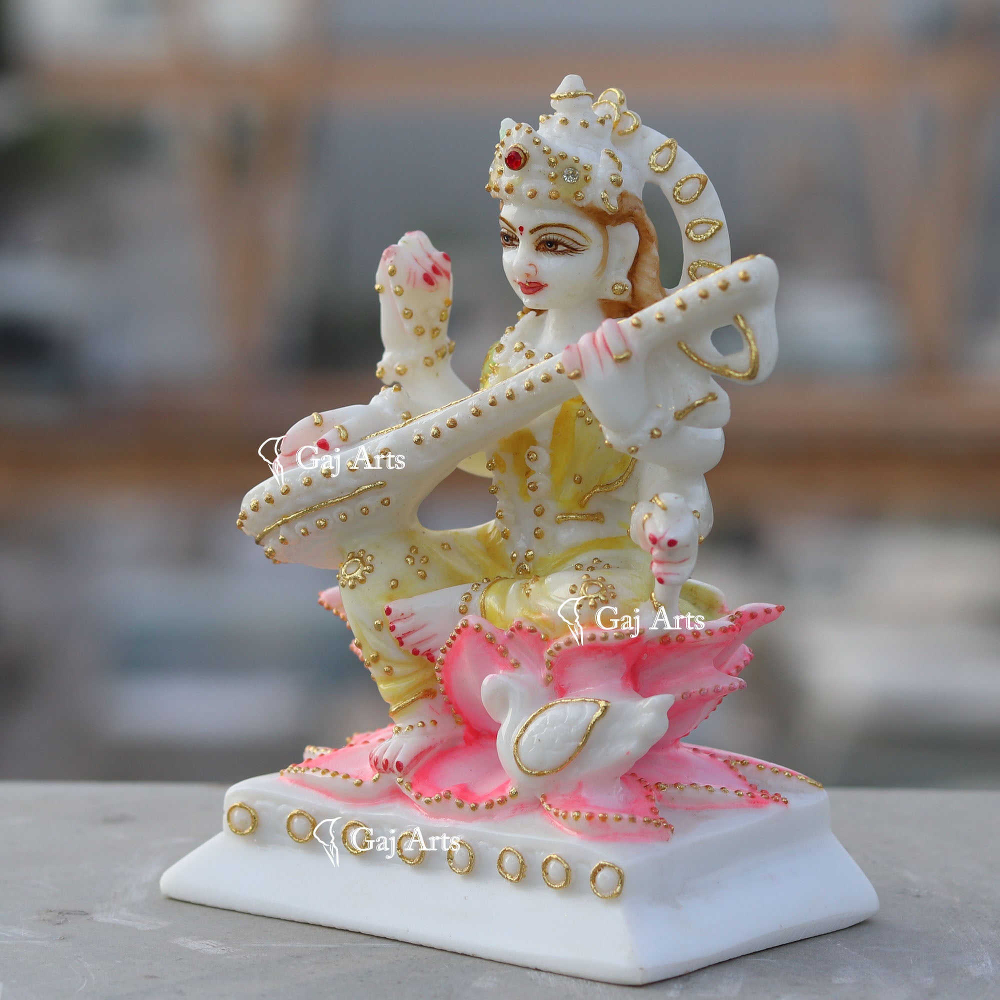 White Ethiopia Marble Saraswati Maa Idol | 6 Inch