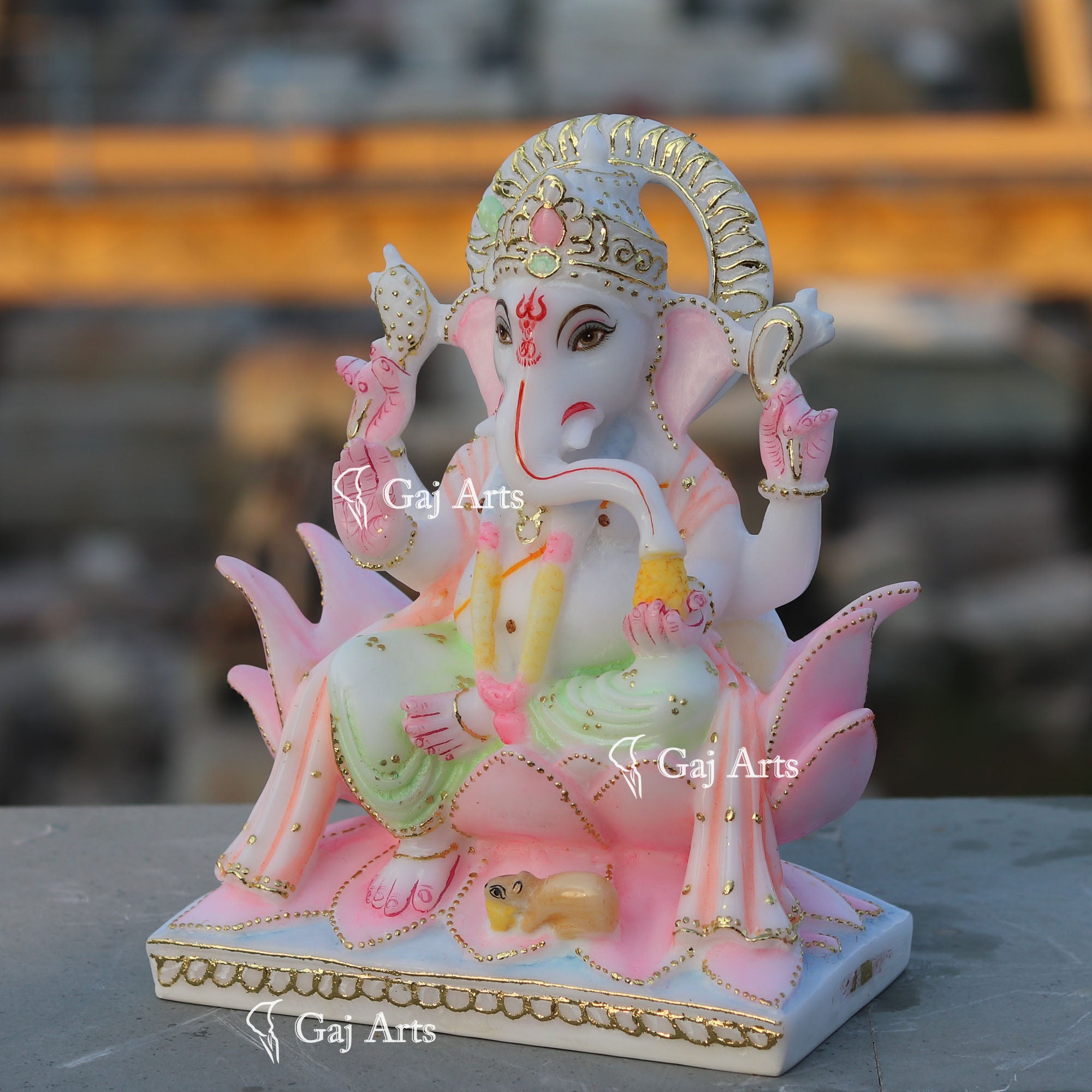Marble Ganesh Idol on Lotus Base | 9 Inch