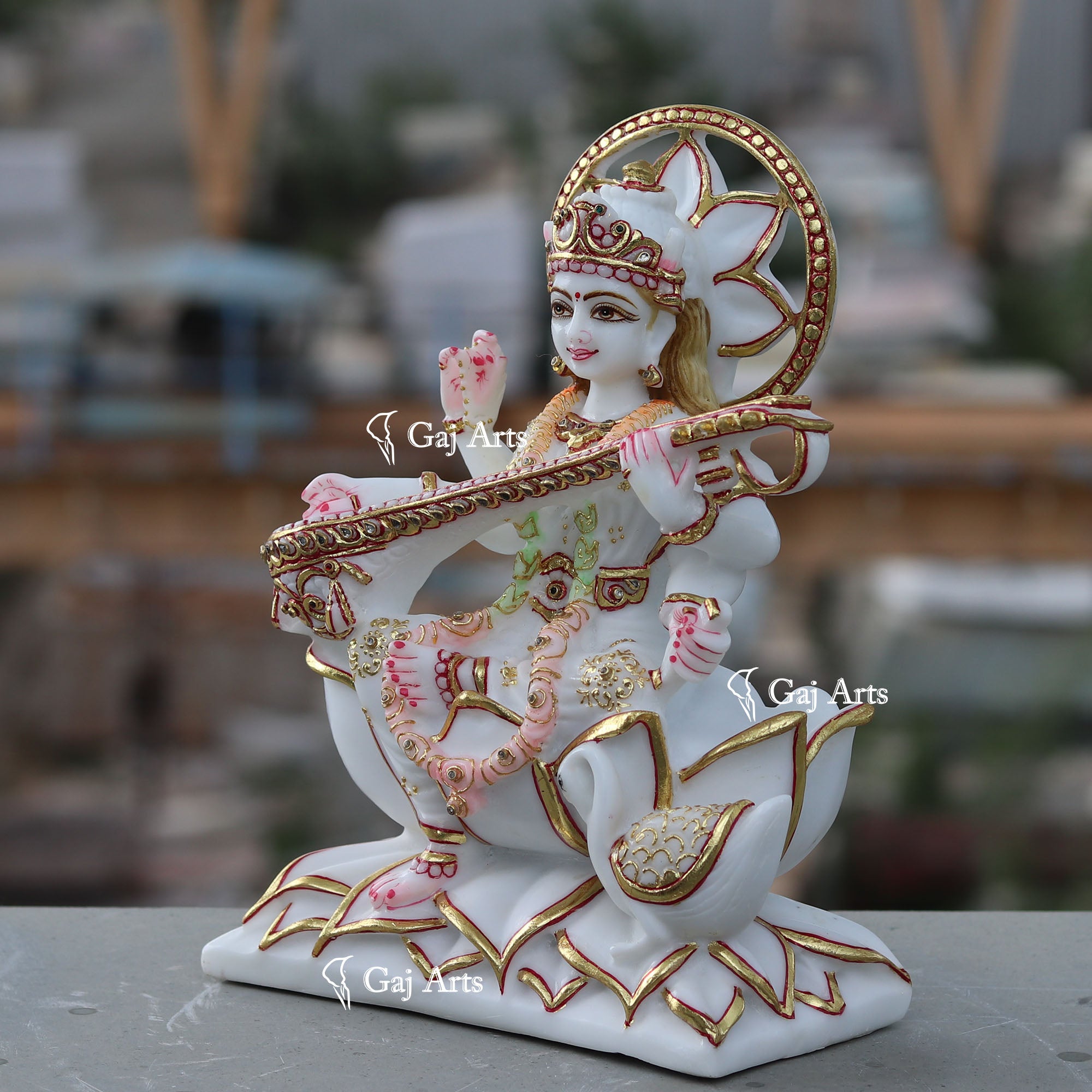 White Ethiopia Marble Saraswati Mata Statue | 12 Inch