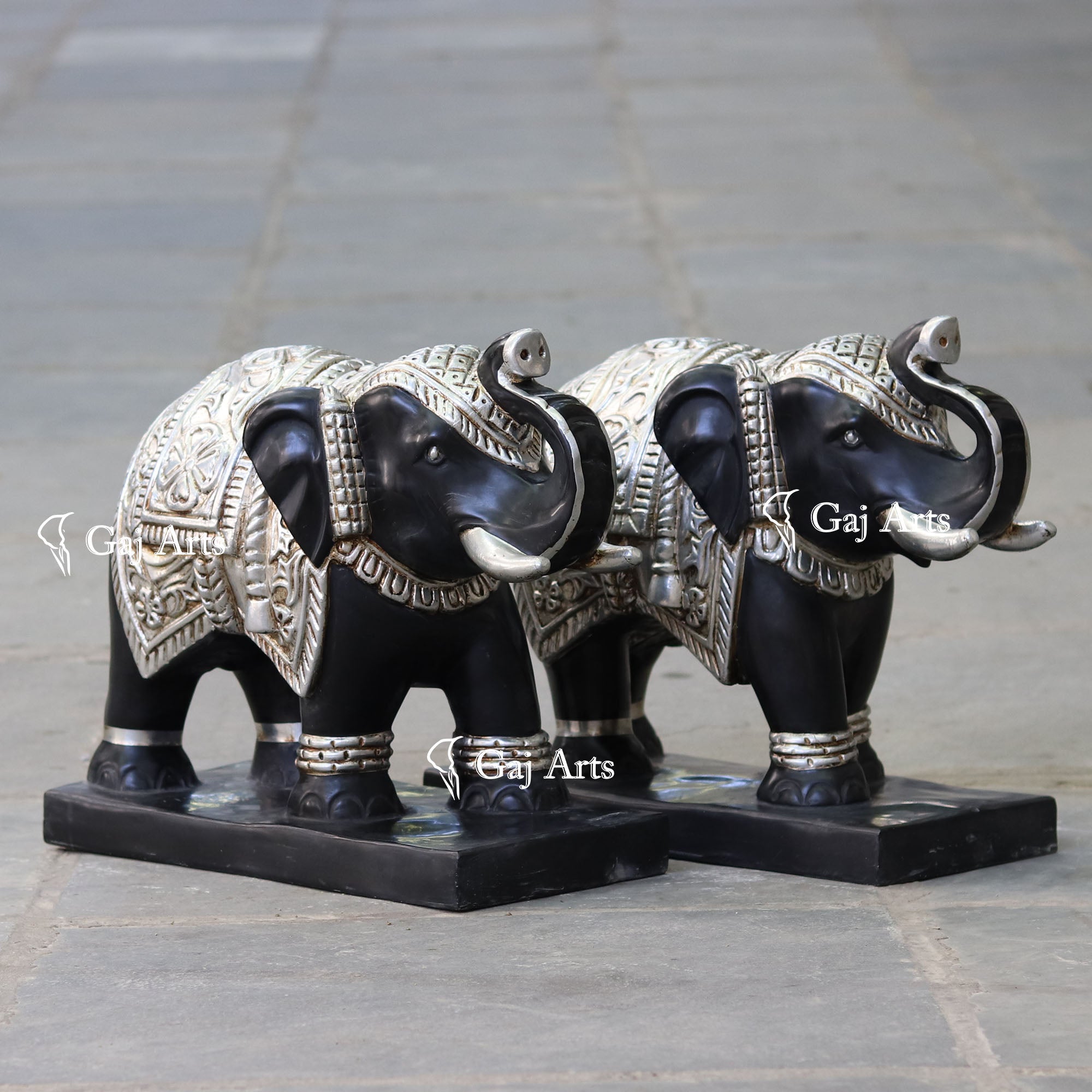 Black Marble Korean Silver Elephant Statue | 18 Inch