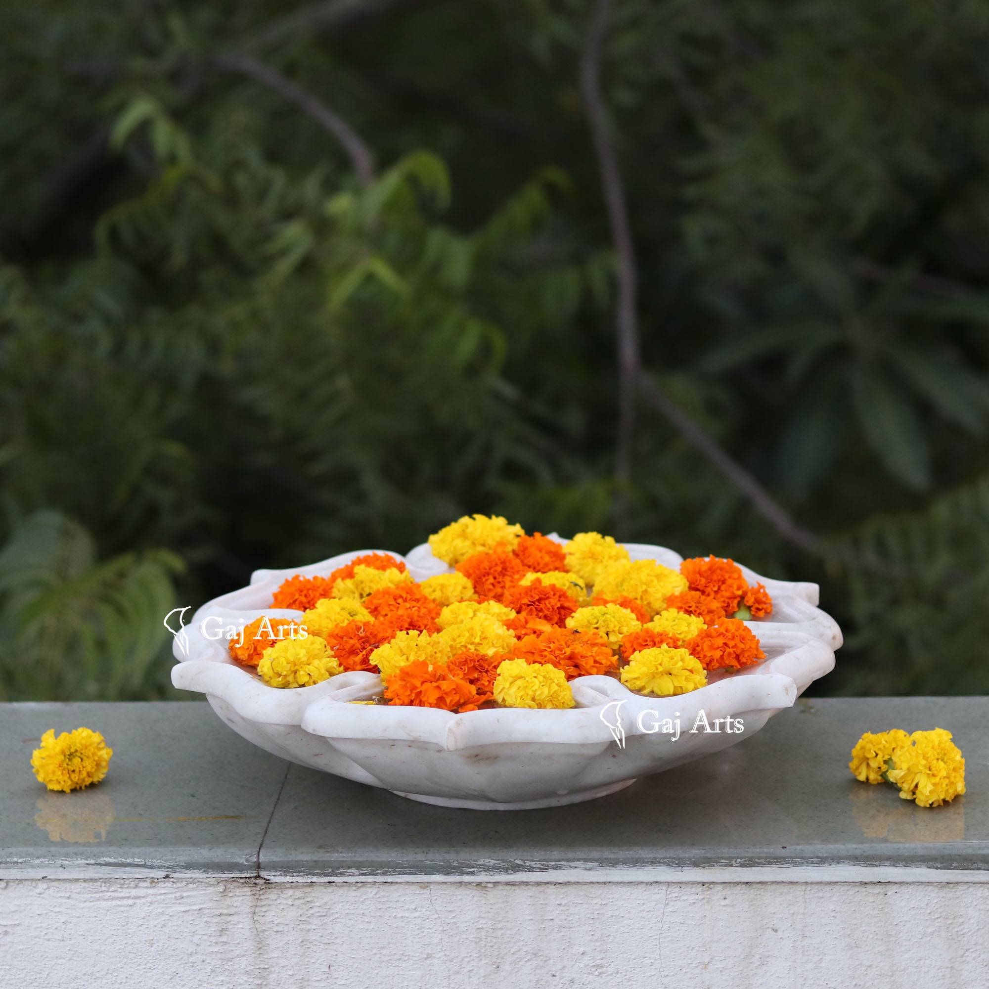 Rajasthan White Marble Flower Uruli | 15 Inch