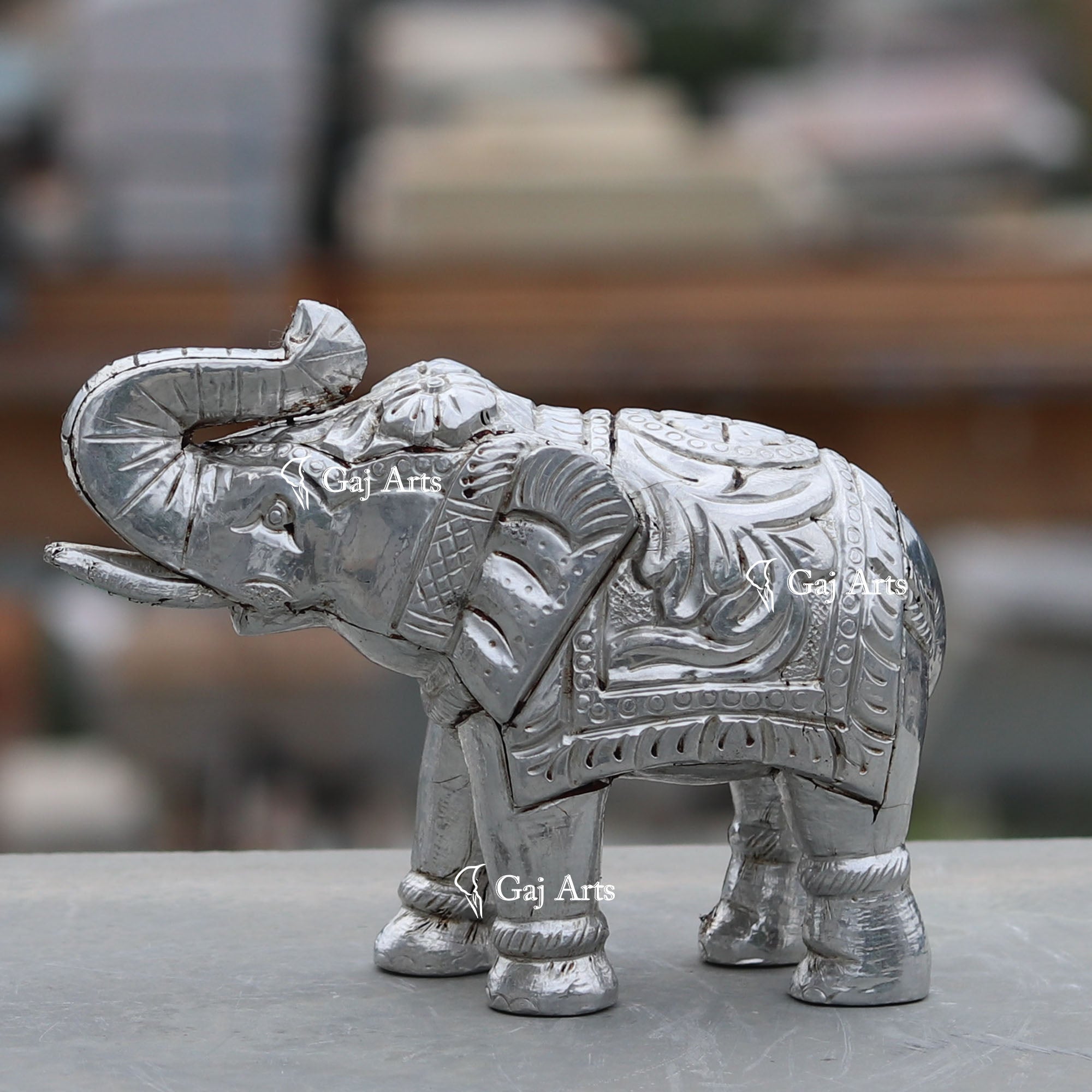 Wooden Elephant Statue with Silver Metal Work | 6 Inch