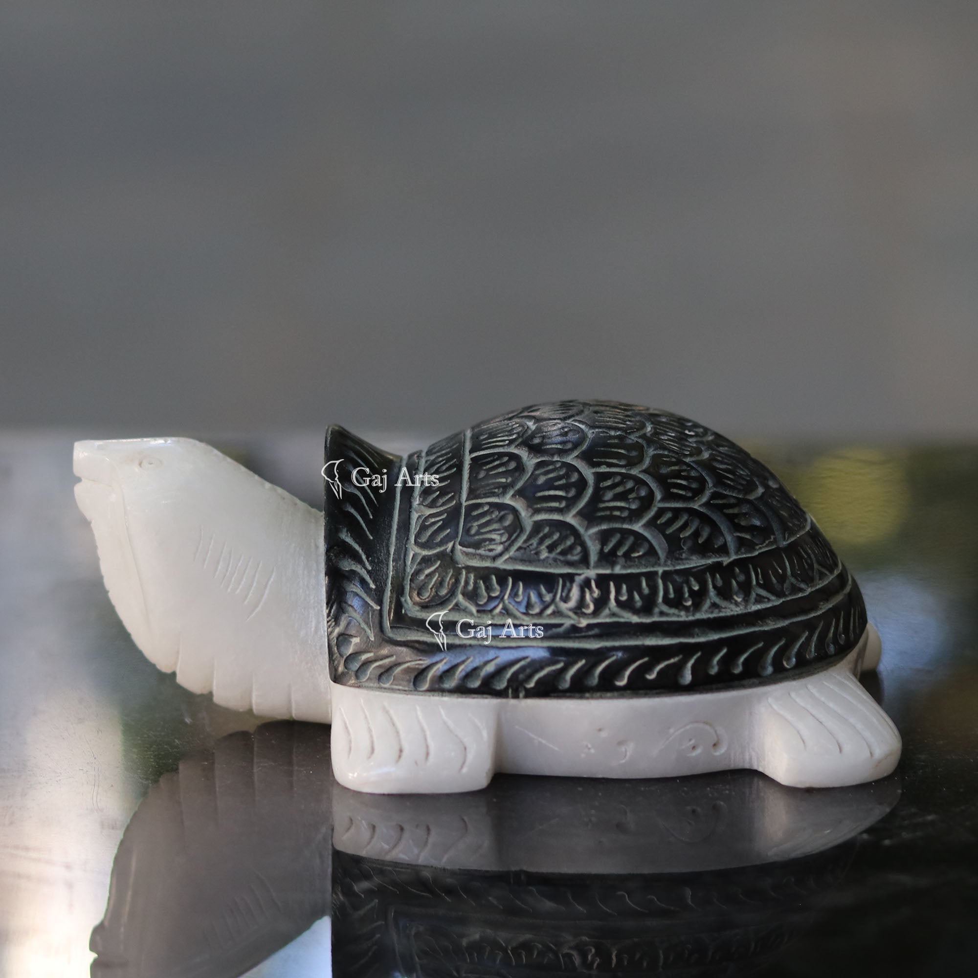 White & Black Marble Kachua Tortoise Statue | 5 Inch