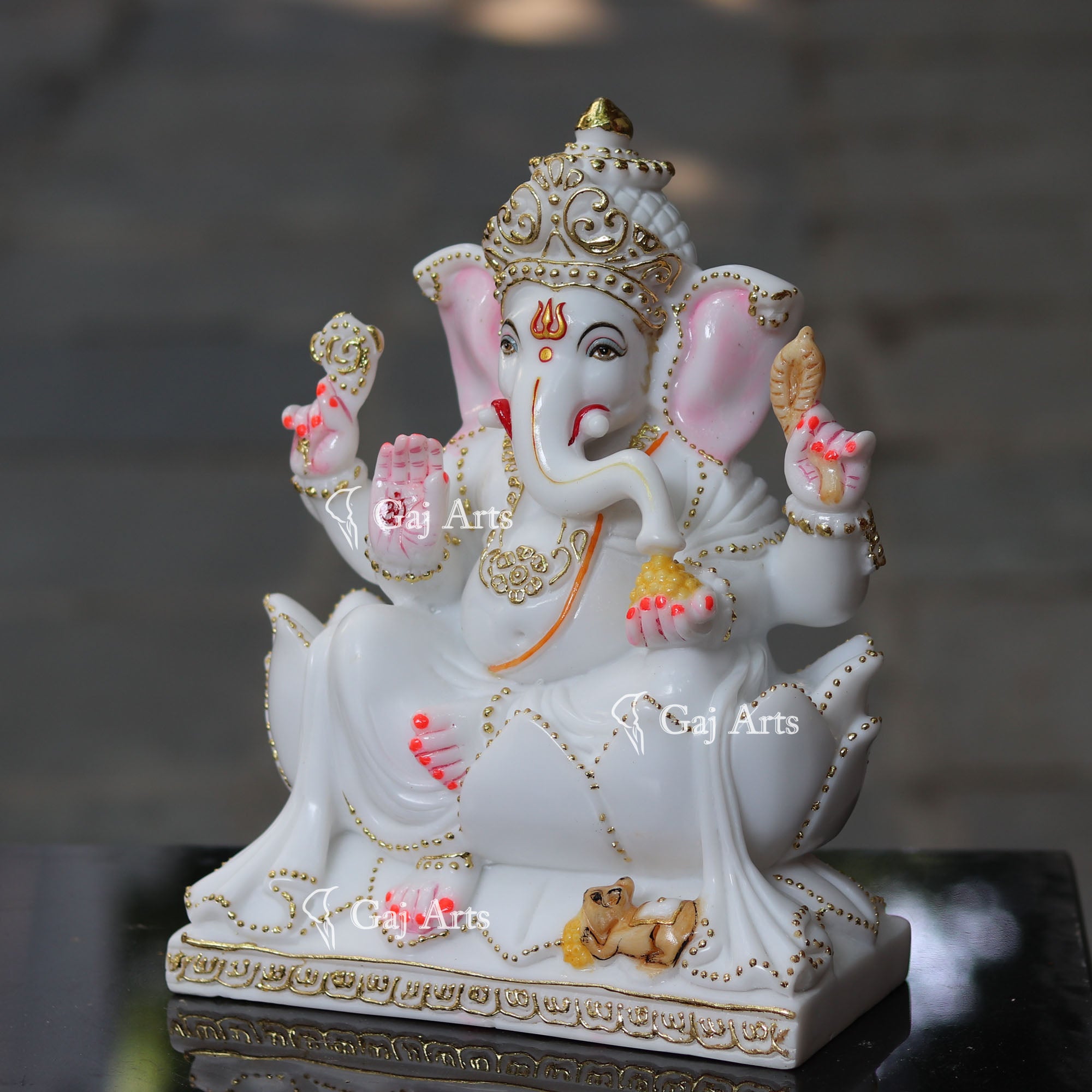 White Marble Ganesh Idol on Lotus Base | 12 Inch