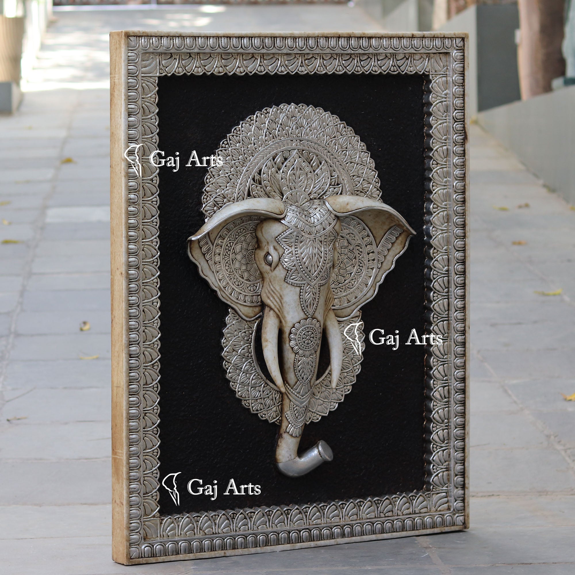 White Antique Finish Marble Elephant Face Wall Panel Silver Art | 48 Inch