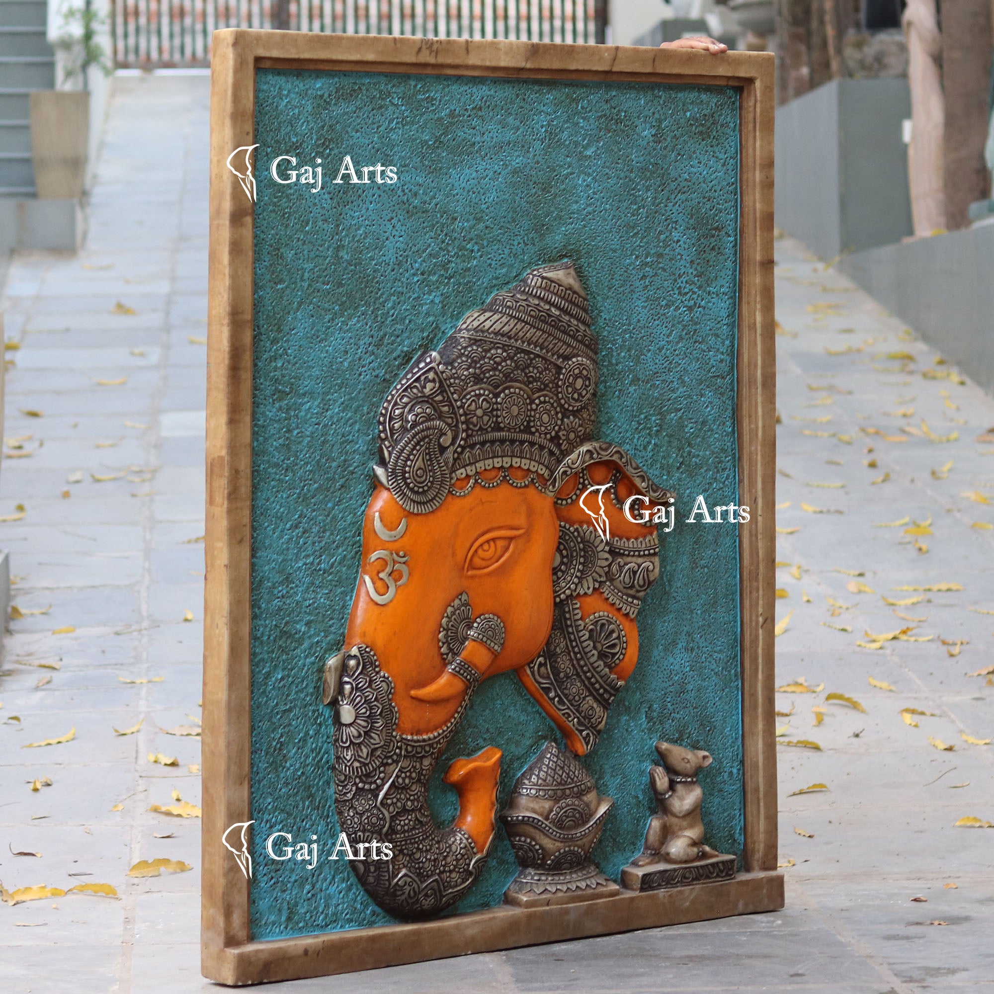 White Antique Finish Marble Ganpati Face Wall Panel | 60 Inch
