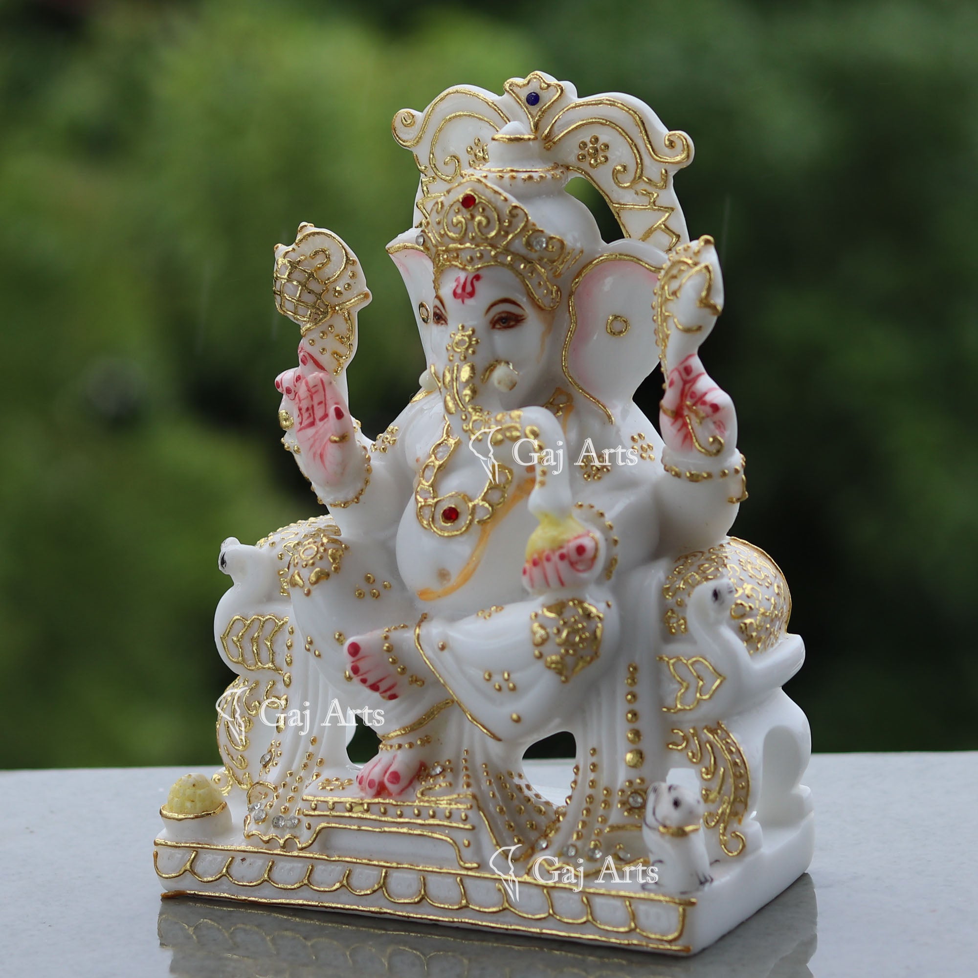 Decorative Marble Ganpati Idol with Gold Detailing | 7 Inch