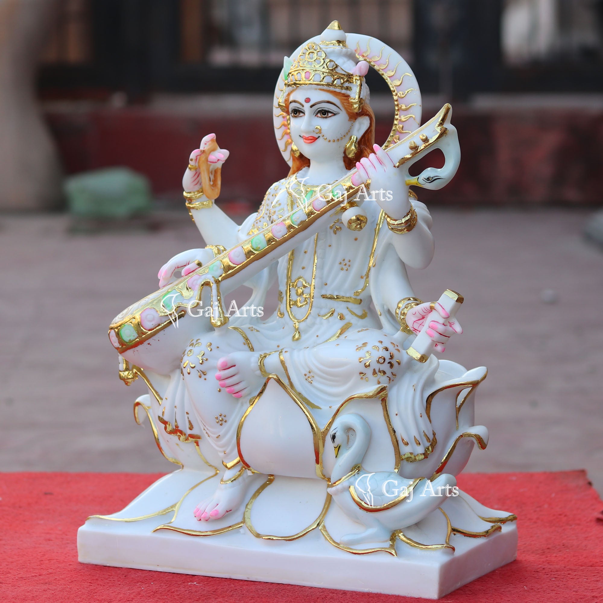White Marble Saraswati Mata Idol | 18 Inch