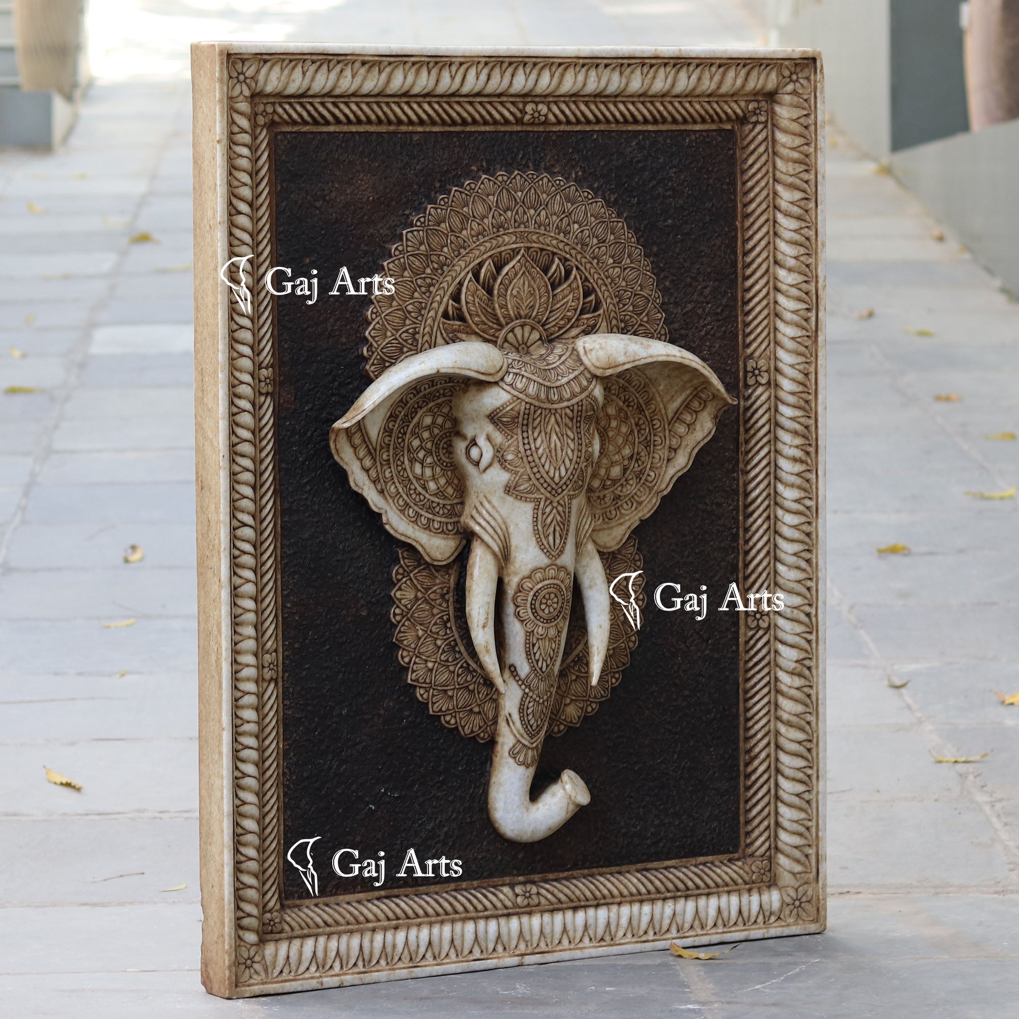 White Antique Finish Marble Elephant Face Wall Panel | 48 Inch