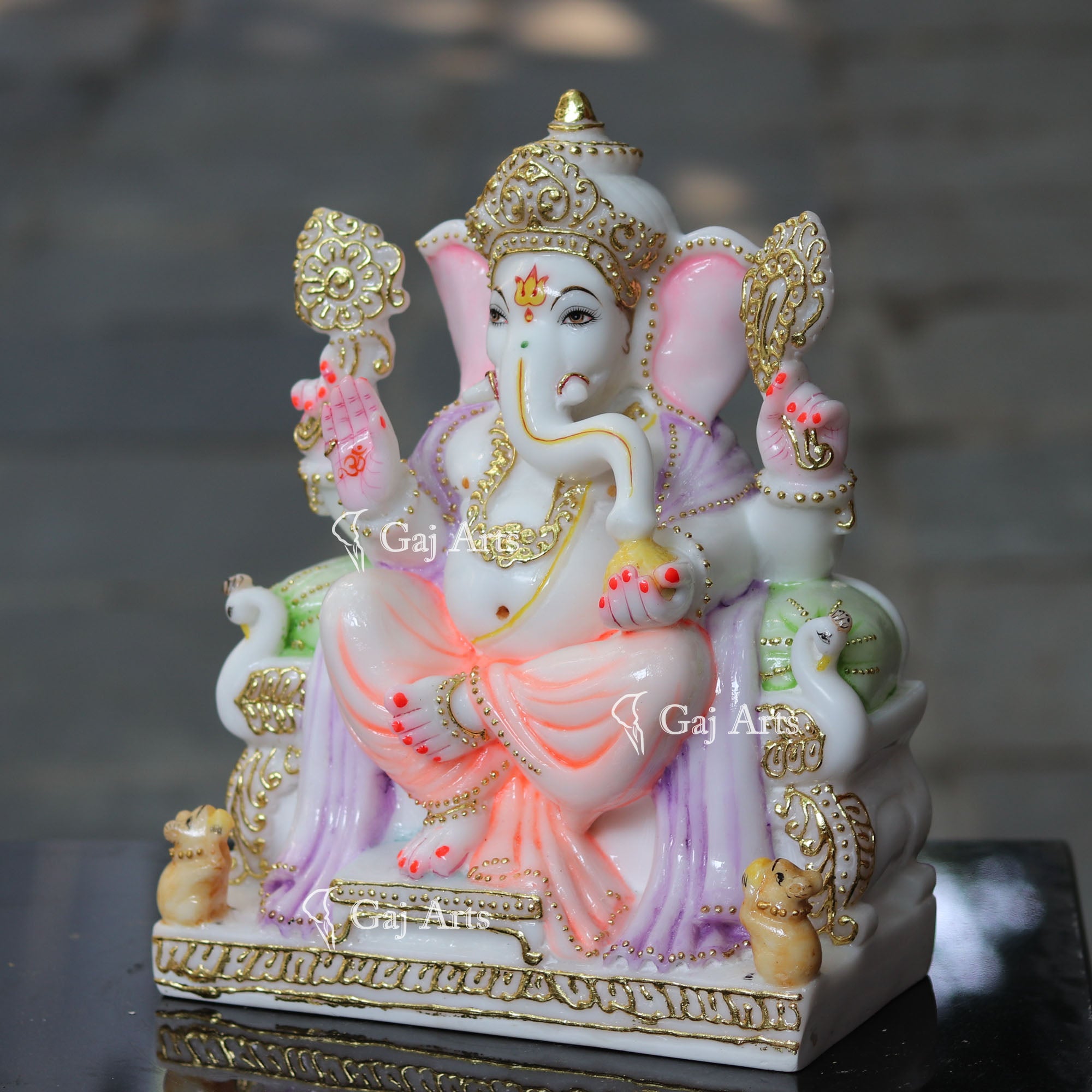 White Marble Ganpati Idol on Singhasan | 12 Inch