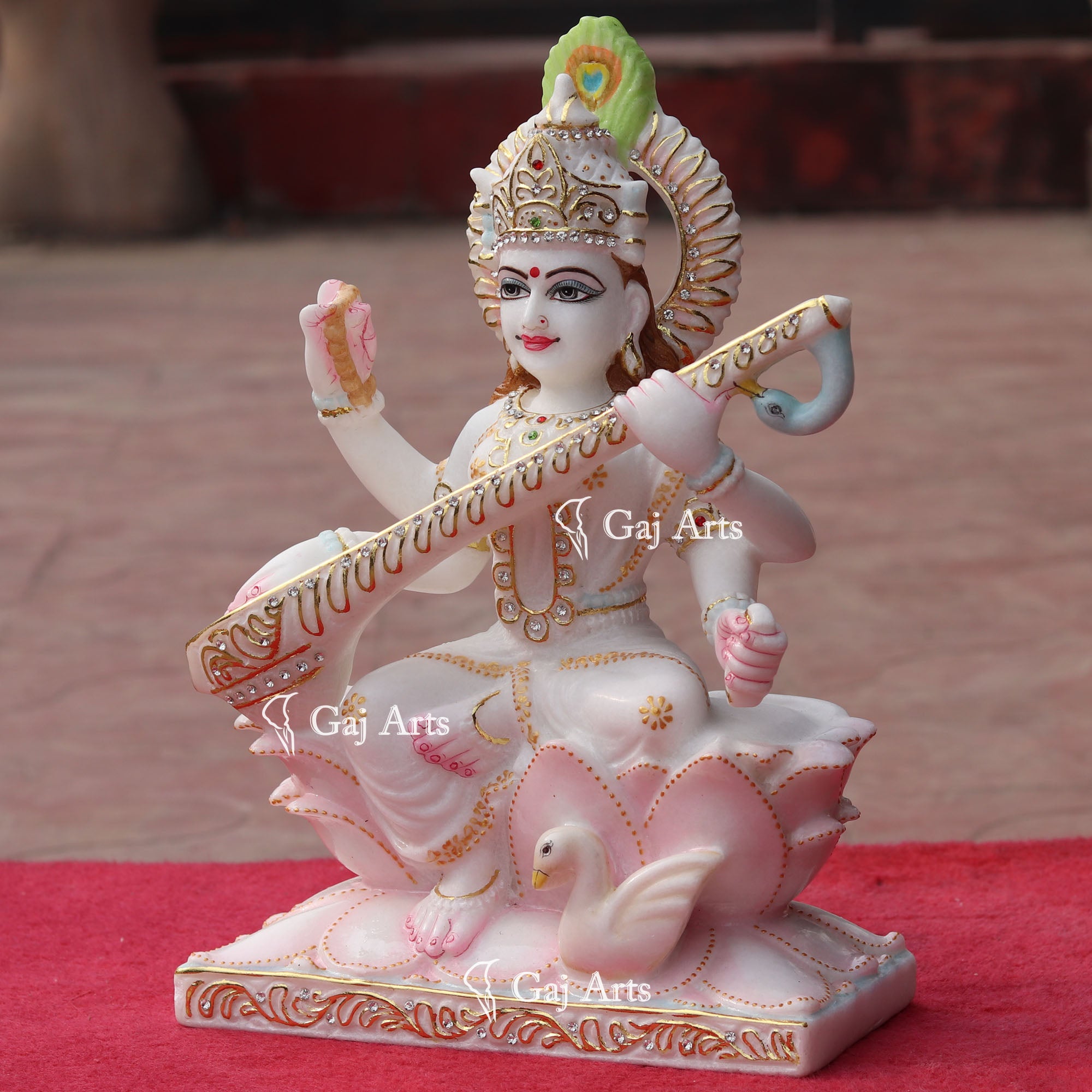 White Marble Saraswati Mata Idol | 15 Inch