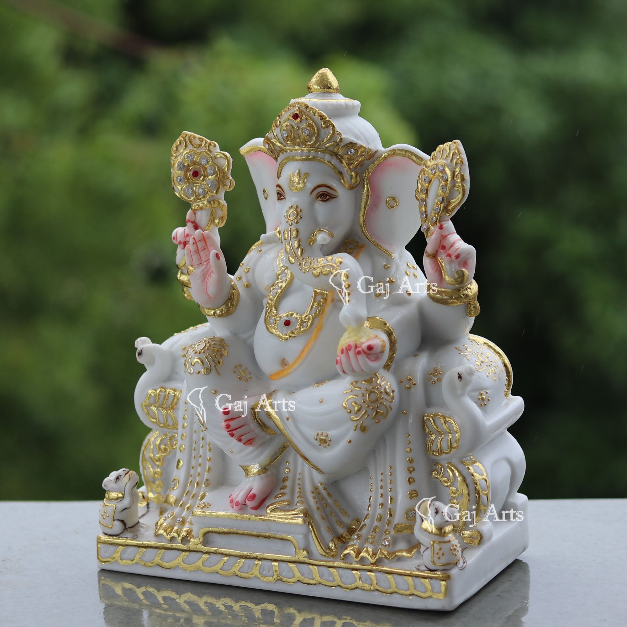 Marble Ganpati Idol on Singhasan Base | 9 Inch