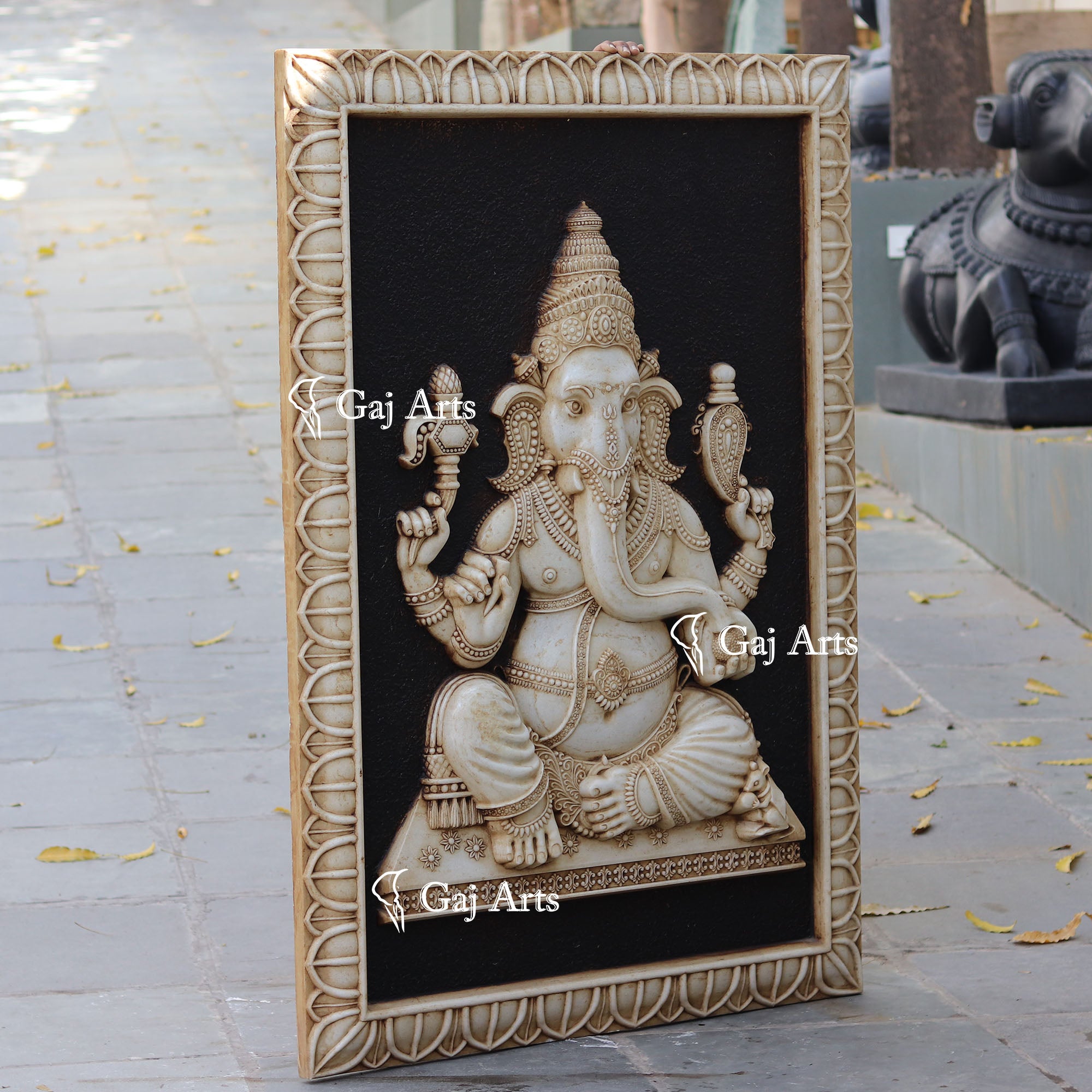 White Antique Finish Marble Ganpati Wall Panel Sea Foam Art | 60 Inch