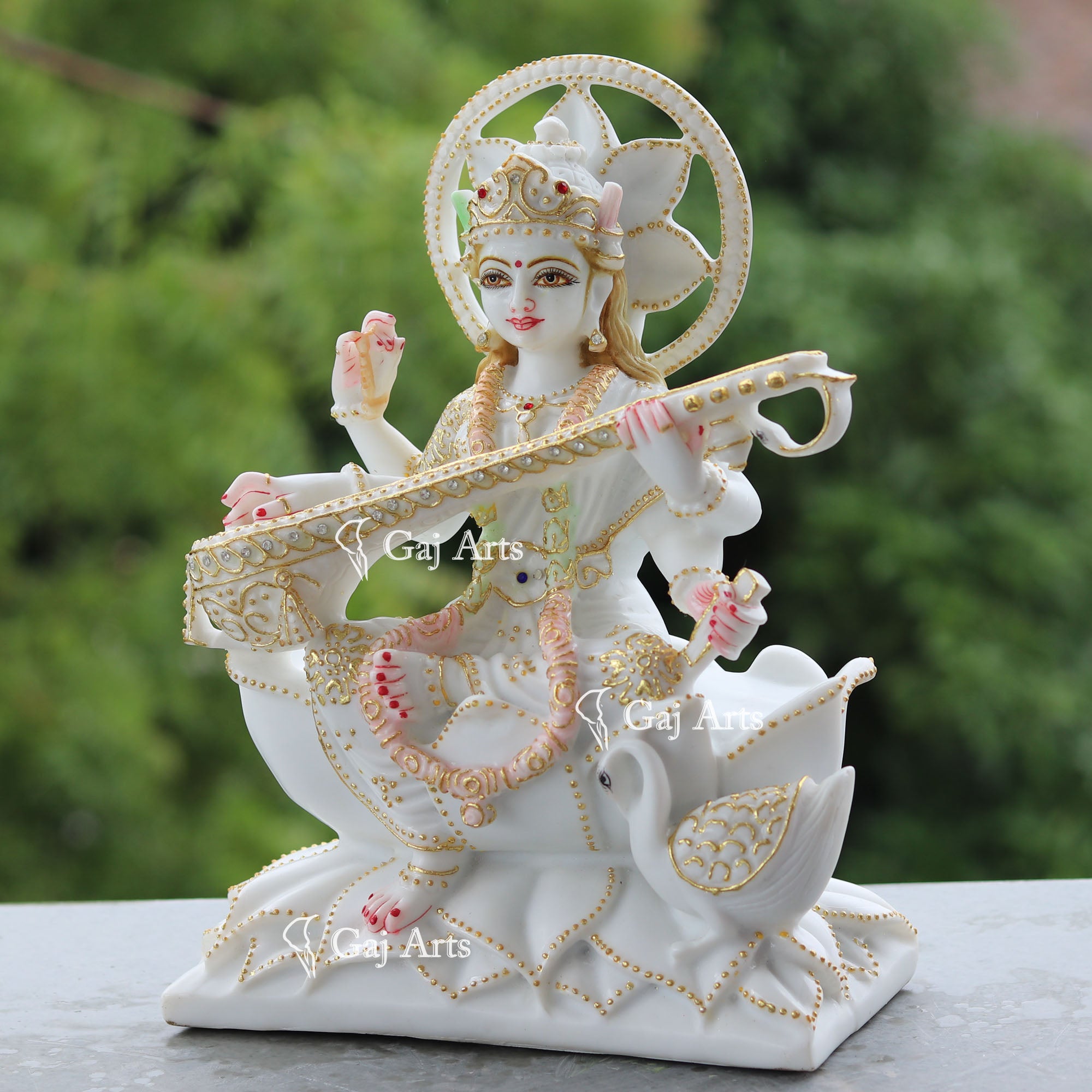 White Marble Saraswati Mata Statue | 12 Inch