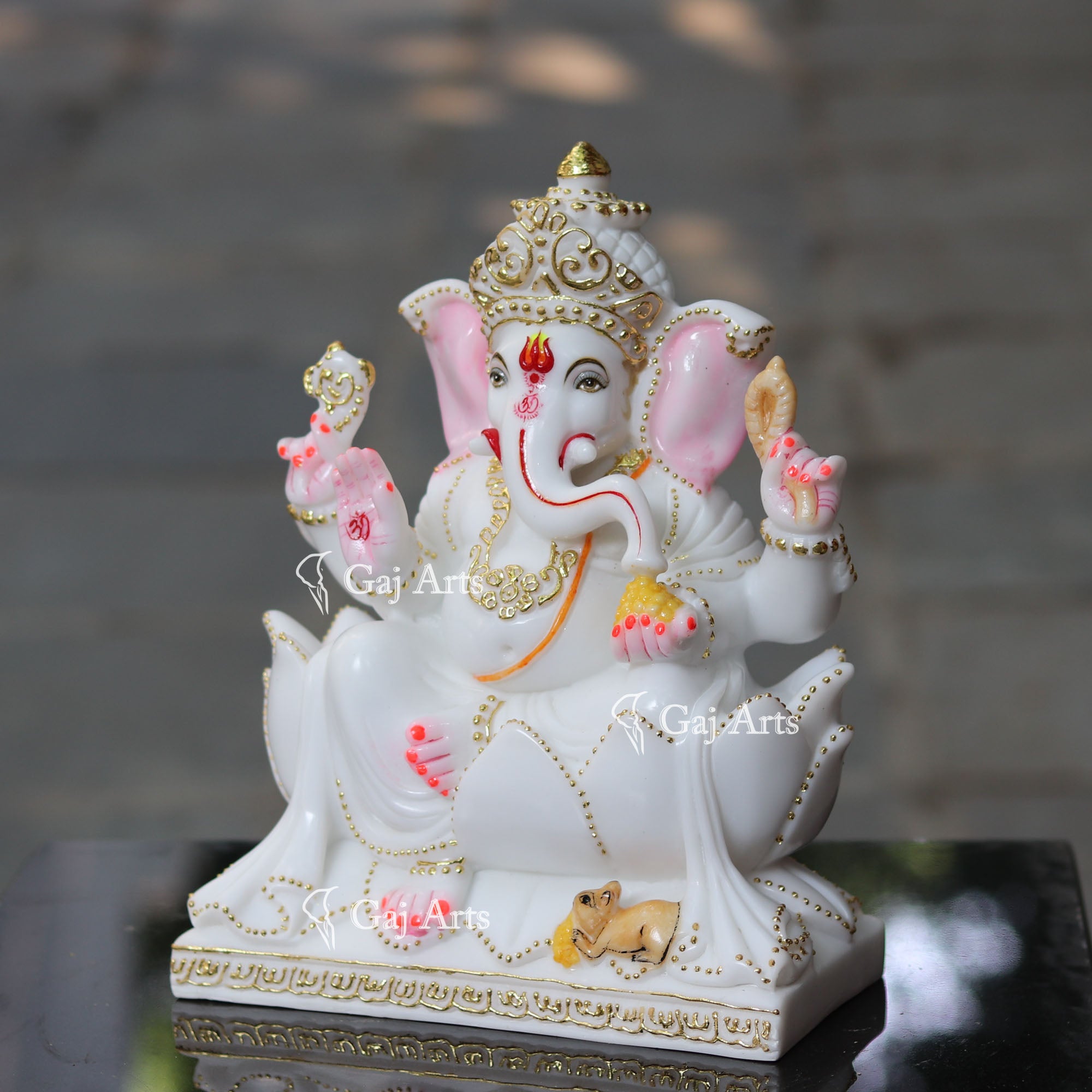 Marble Ganesh Statue on Lotus | 12 Inch