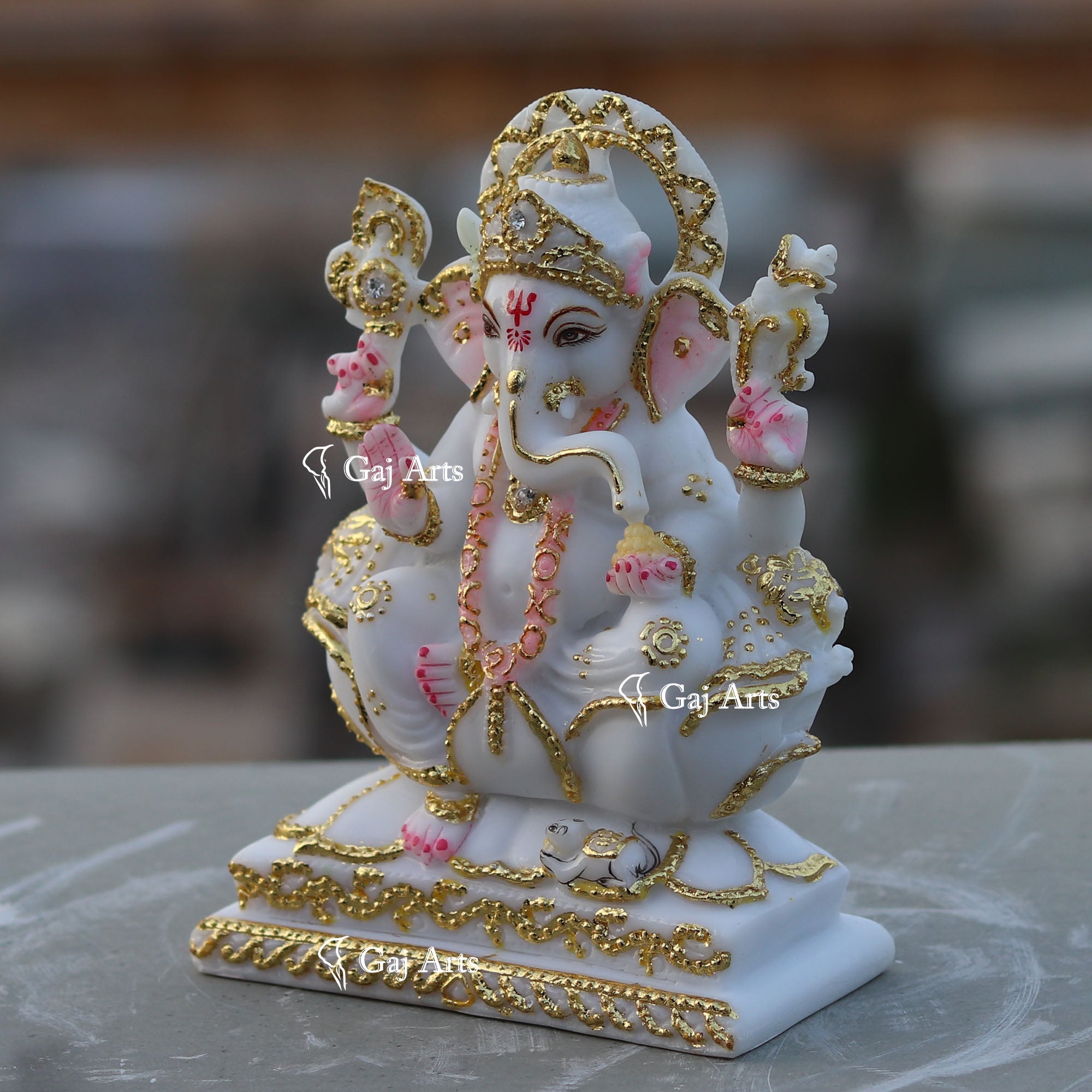 Marble Ganesh Idol with Gold Detailing | 7 Inch