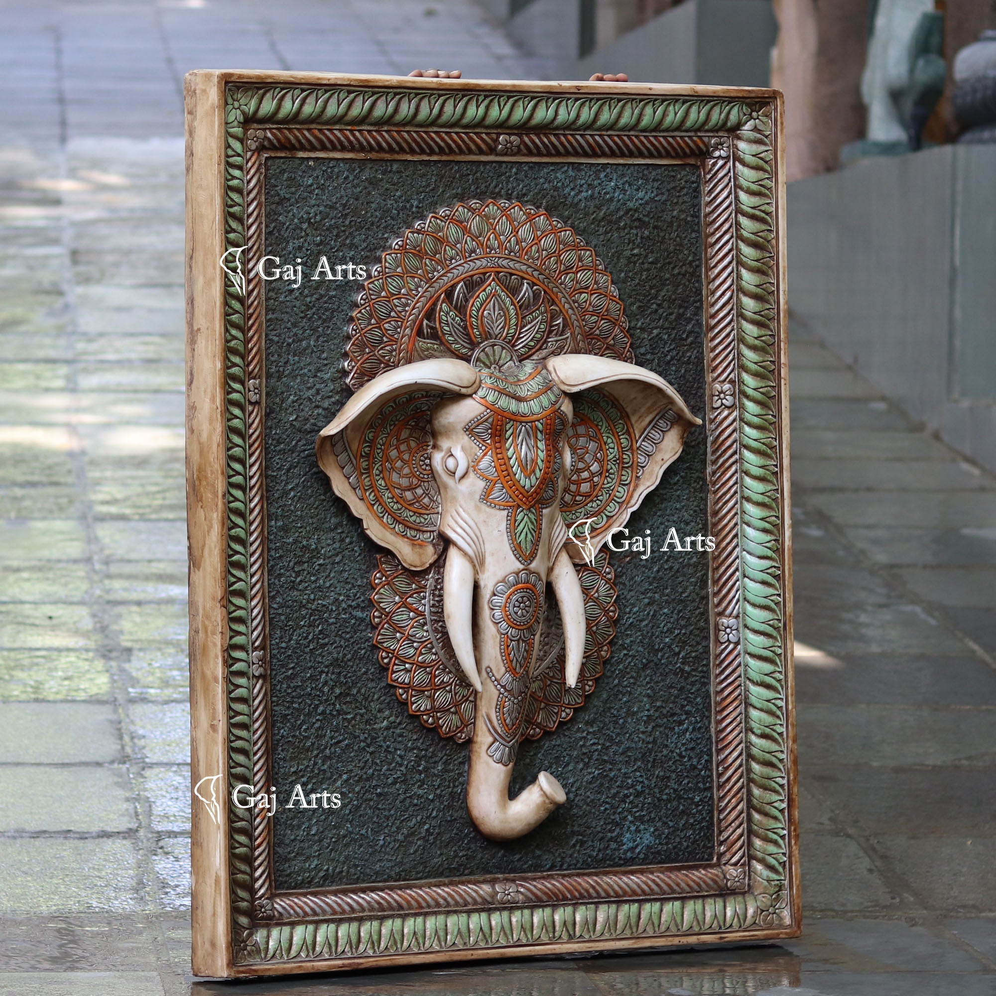 White Antique Finish  Elephant Face Wall Panel | 48 Inch
